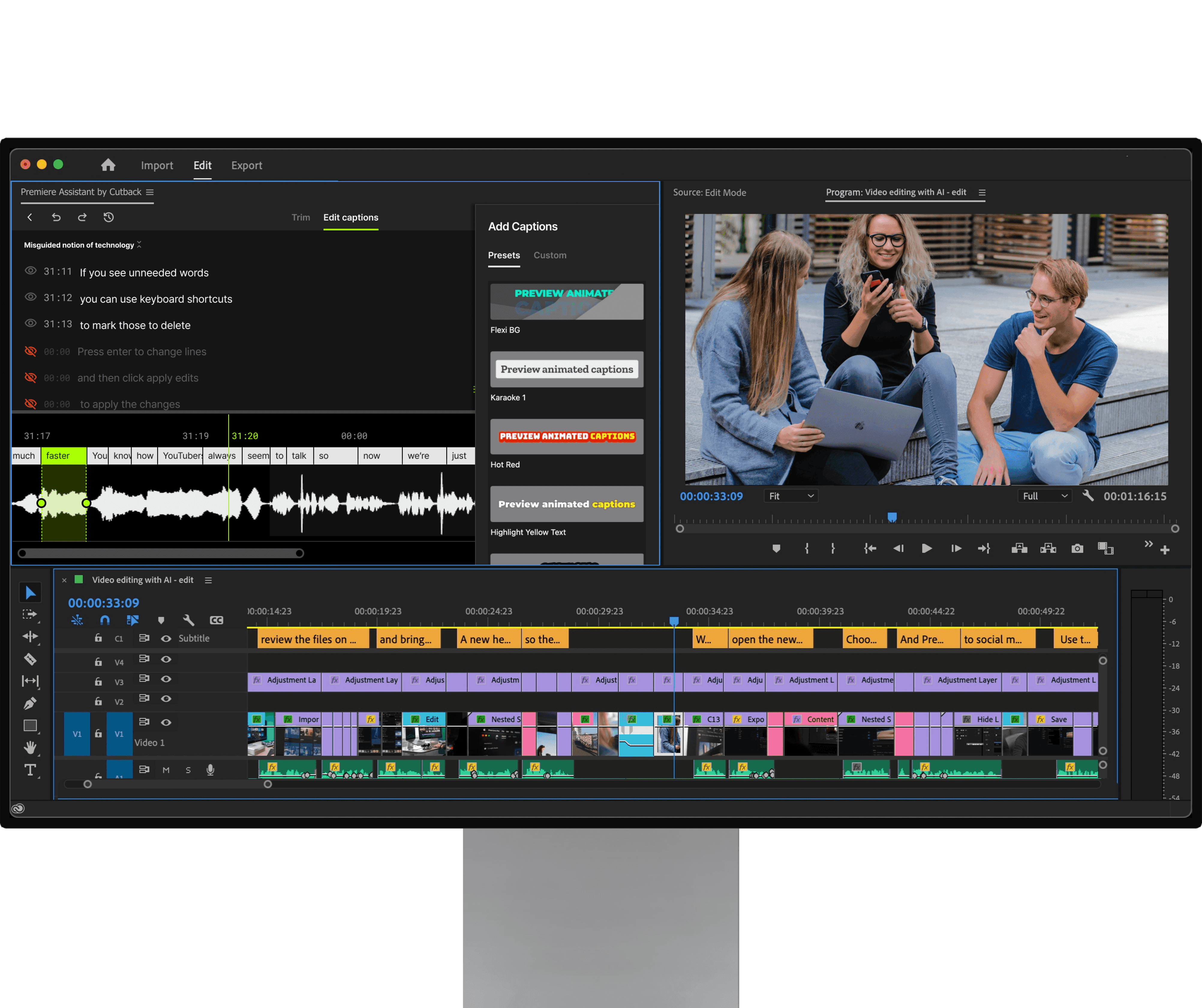 Cutback Premiere Assistant UI showing the extension video editor in Adobe Premiere Pro