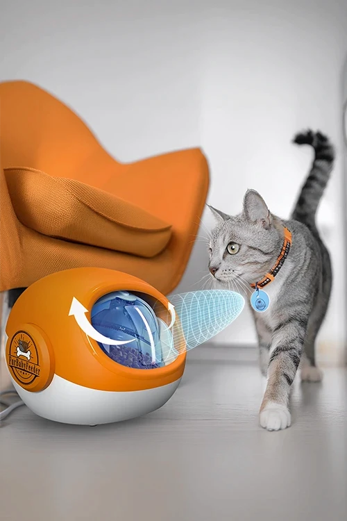 Dispenser cibo animali ricostruito interamente con AI e post-produzione — effetti luminosi per comunicare il meccanismo di apertura