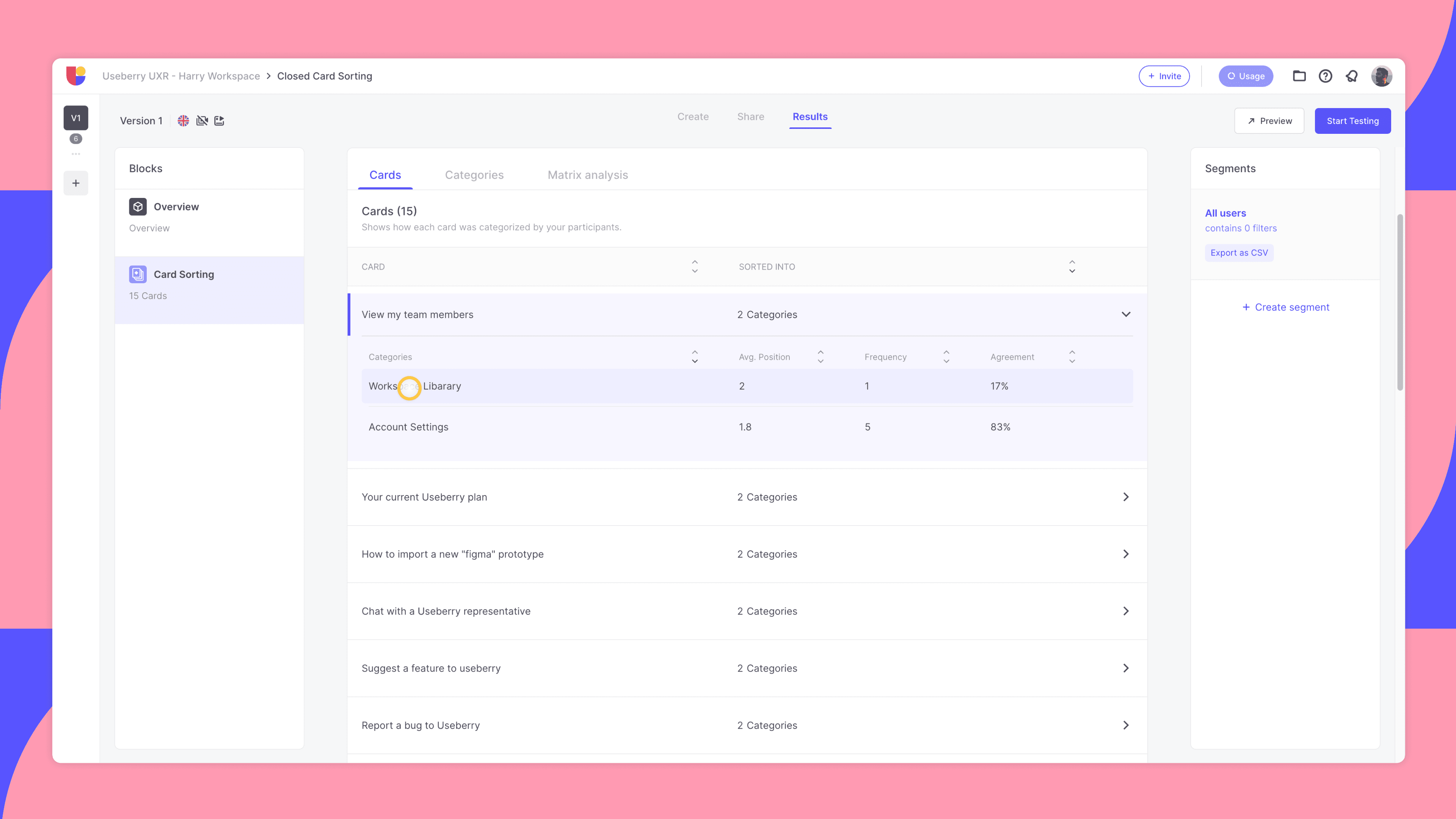 showing the closed card sorting UI page on the Useberry platform