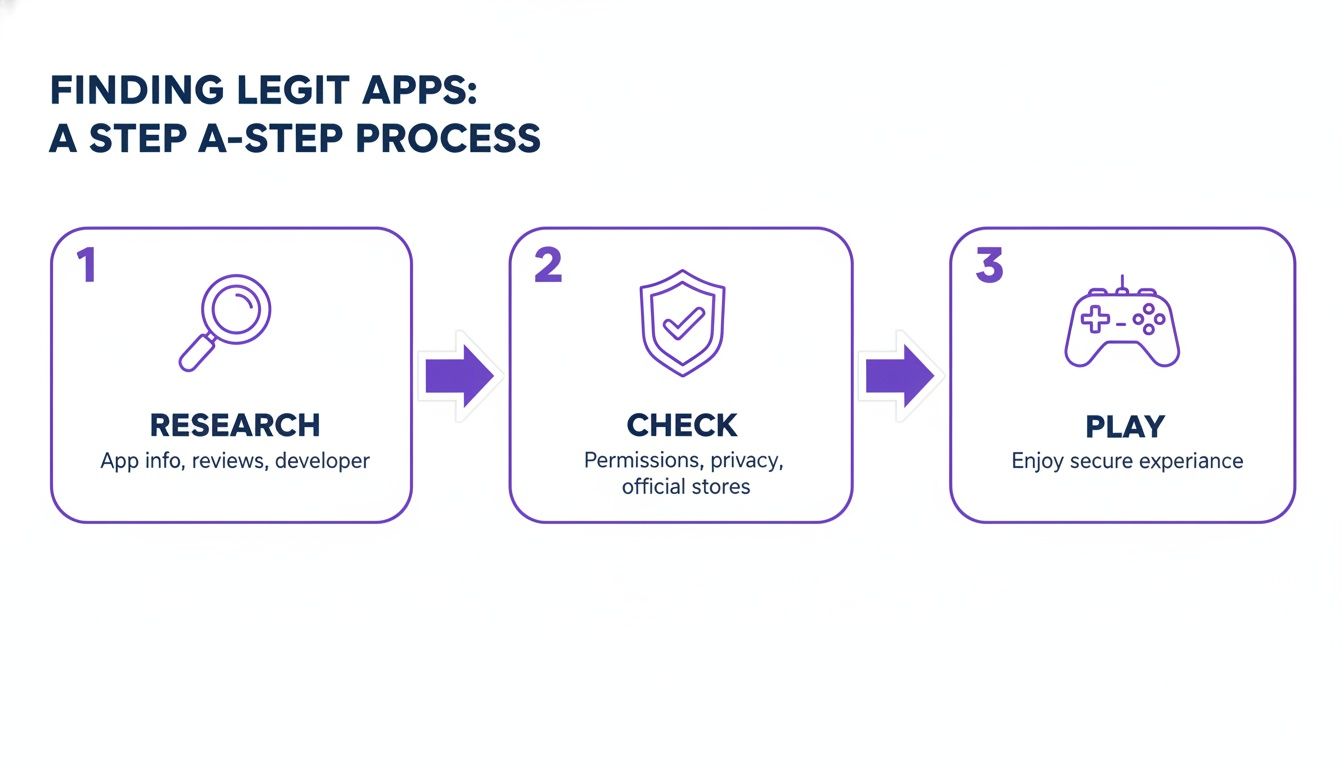 An infographic showing a 3-step process to find legit apps: research, check, and play.
