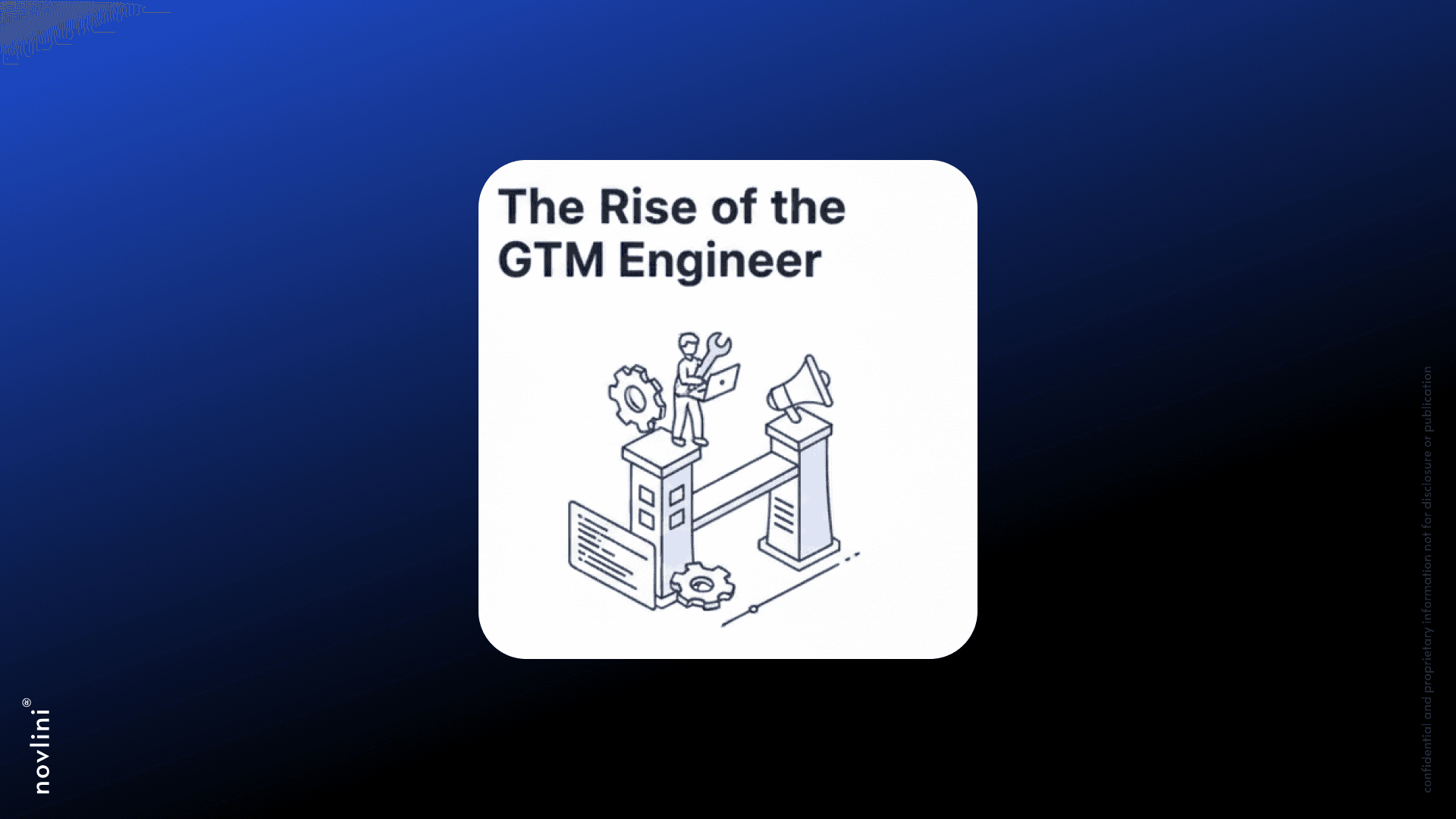 Illustration for “The Rise of the GTM Engineer” showing a person standing on a platform with gears, a laptop, and a megaphone, set on a dark blue gradient background.