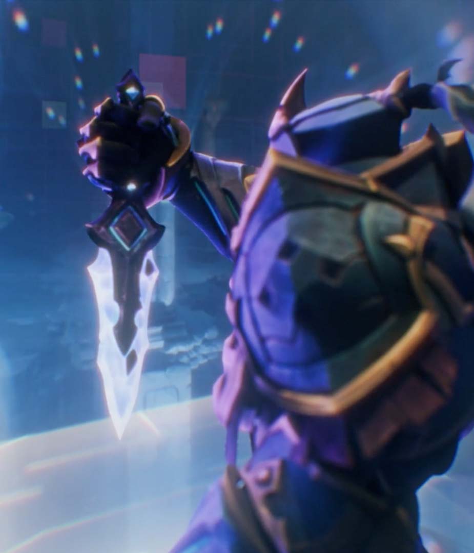Close-up of armored Wayfinder character holding a glowing dagger, highlighting cinematic-quality promotional graphics designed for in-show and marketing use.