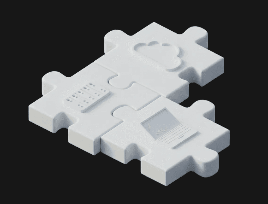 An isometric 3D illustration of puzzle pieces featuring a cloud, a server, and a laptop