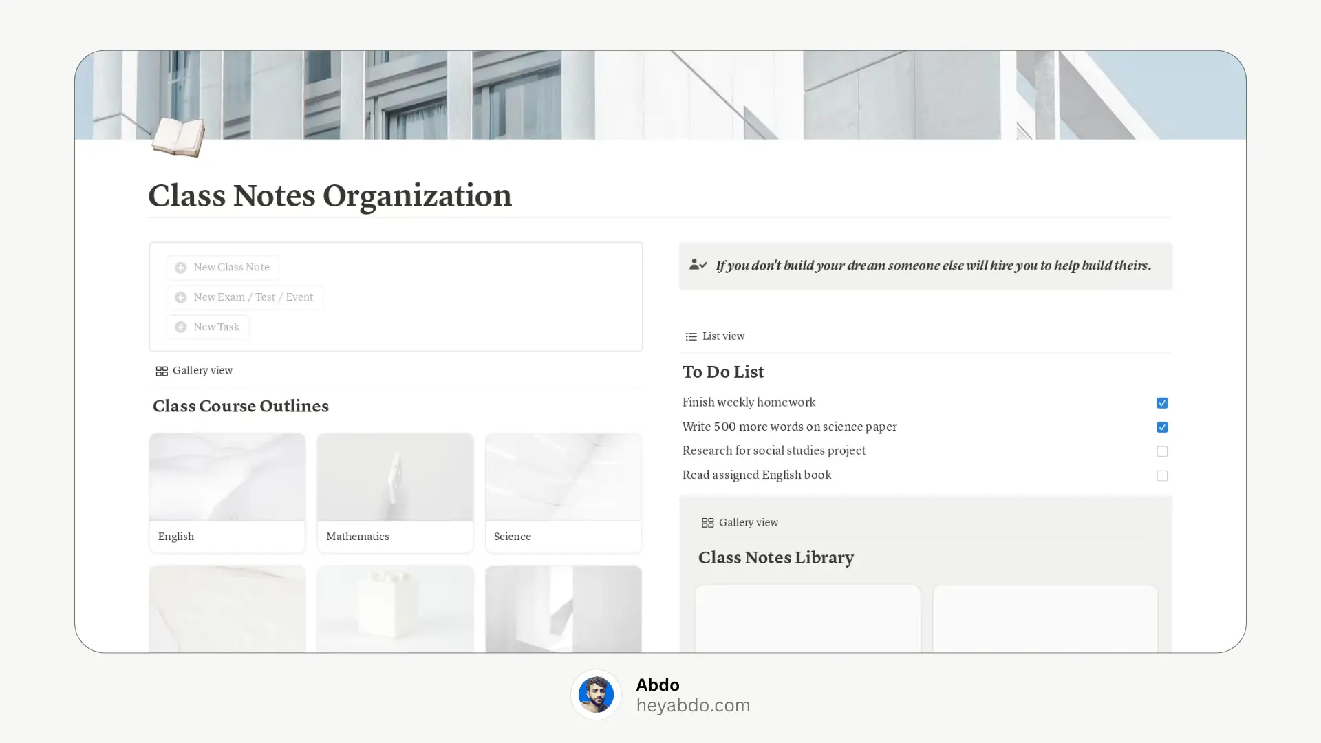 Minimalist Notion Class Notes Organizer