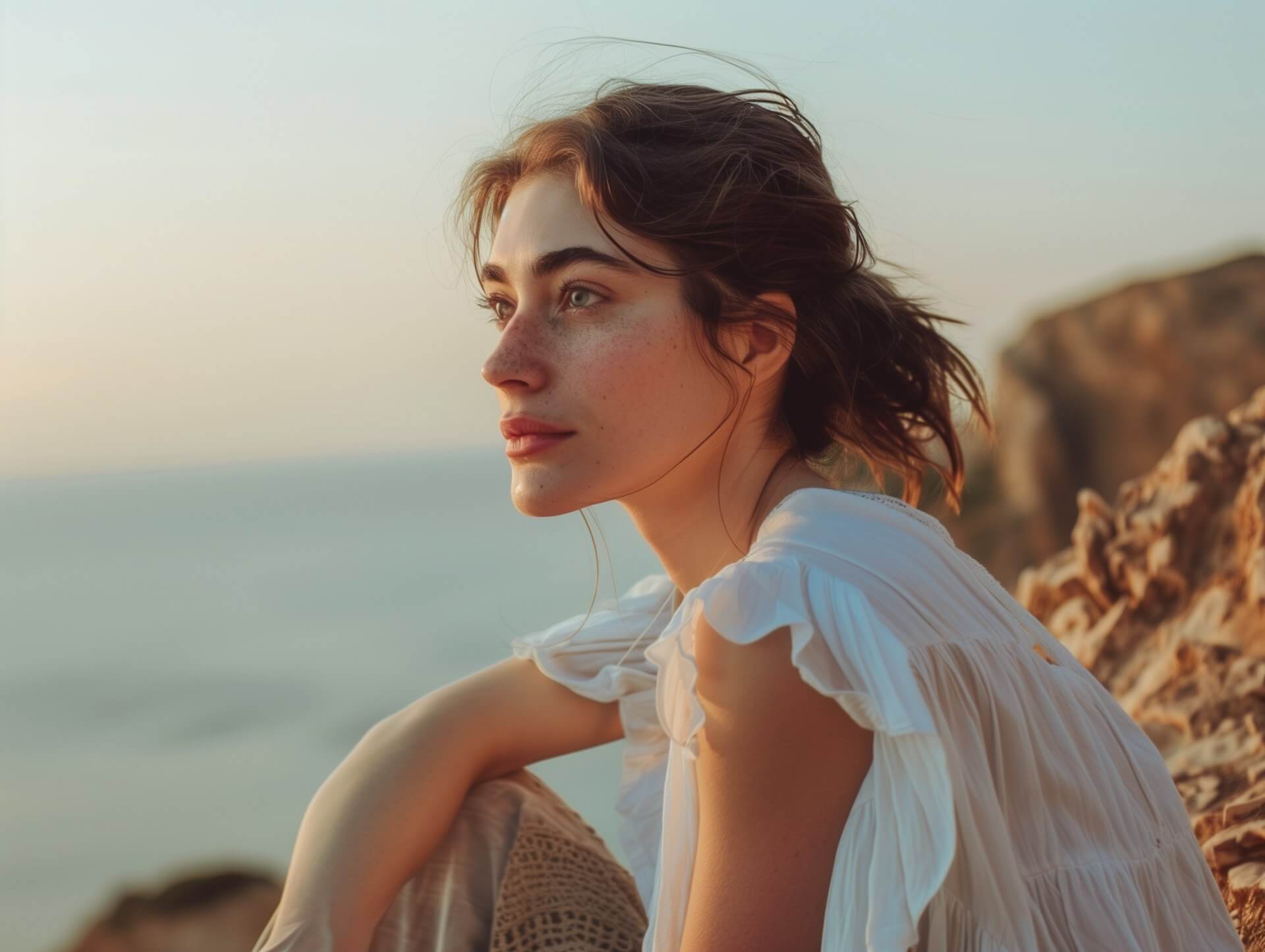 A woman sits on a rock, gazing out at the vast ocean, enjoying the serene view and gentle sea breeze