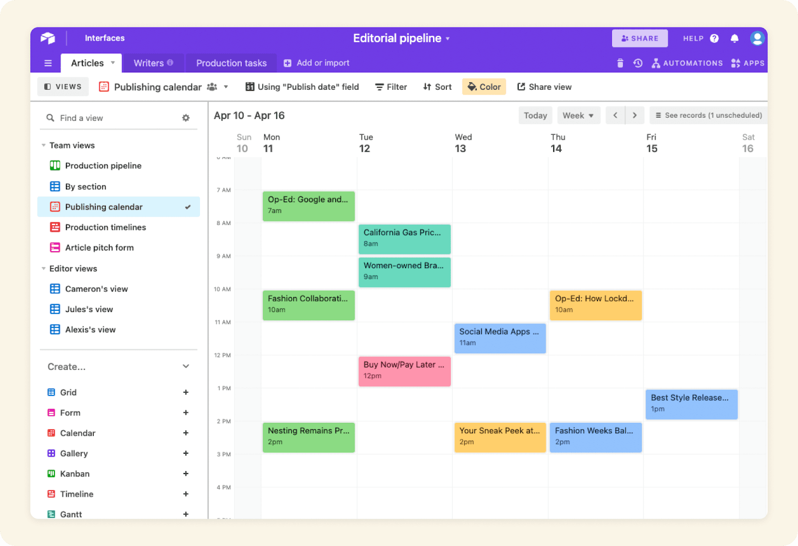 View the pipeline with customizable views and generate a report in Airtable.