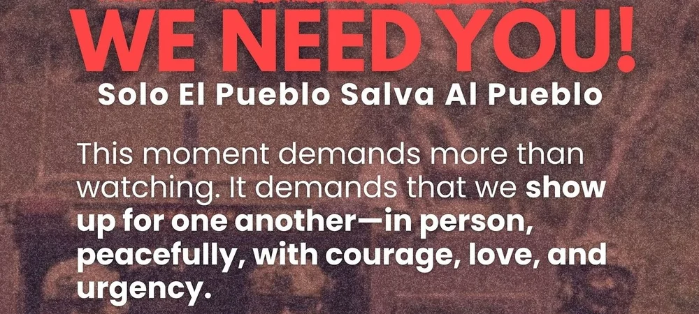 A imagem apresenta um texto em vermelho forte dizendo "NÓS PRECISAMOS DE VOCÊ!" acima de um texto menor em branco que diz "Só o povo salva o povo", sobre um fundo desfocado, enfatizando um chamado à ação para o apoio da comunidade com coragem, amor e urgência.