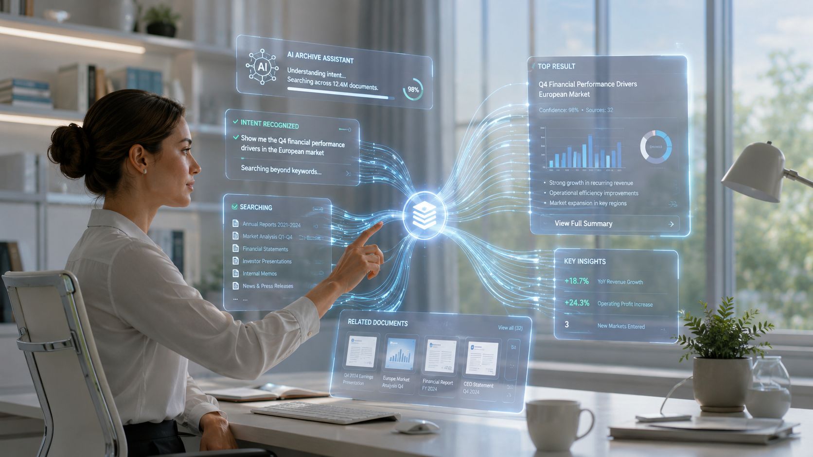 En professionel kvinde arbejder med et avanceret holografisk system til intelligent dokumenthåndtering på sit kontor.