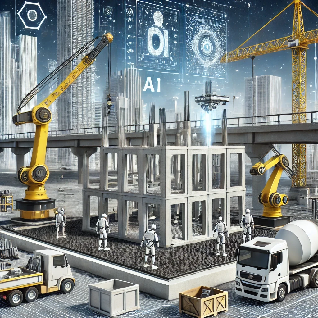 Image montrant un chantier high-tech avec des robots alimentés par l'IA et des imprimantes 3D construisant des structures modernes.