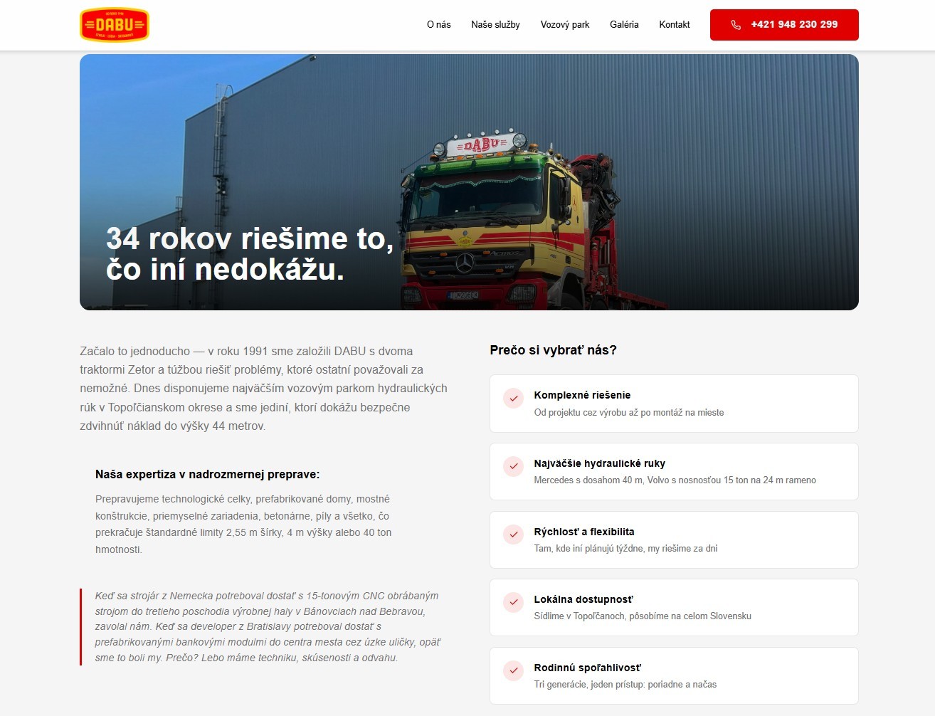 Detail podstránky služieb alebo technických parametrov hydraulických rúk.