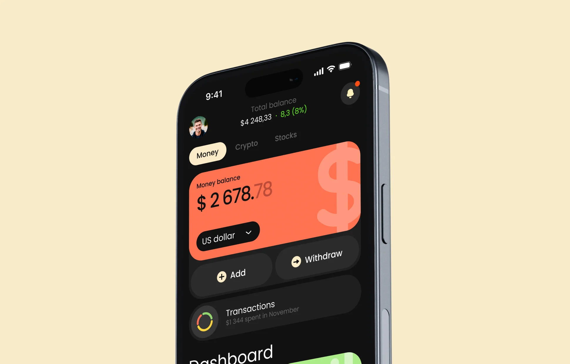 Nova app home screen showing balance of $2,678.78 with Money, Crypto, Stocks tabs and Withdraw action