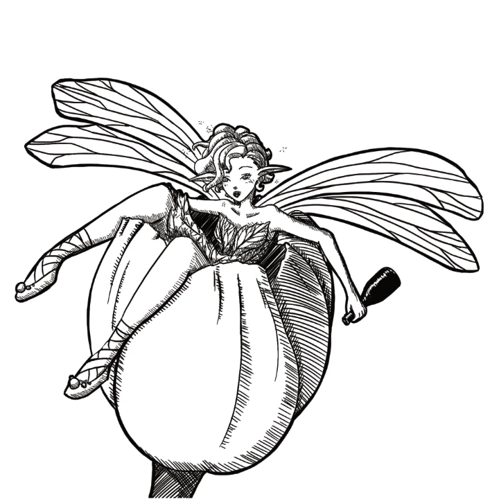 Digital ink drawing of a drunken fairy sitting in a tulip bulb.
