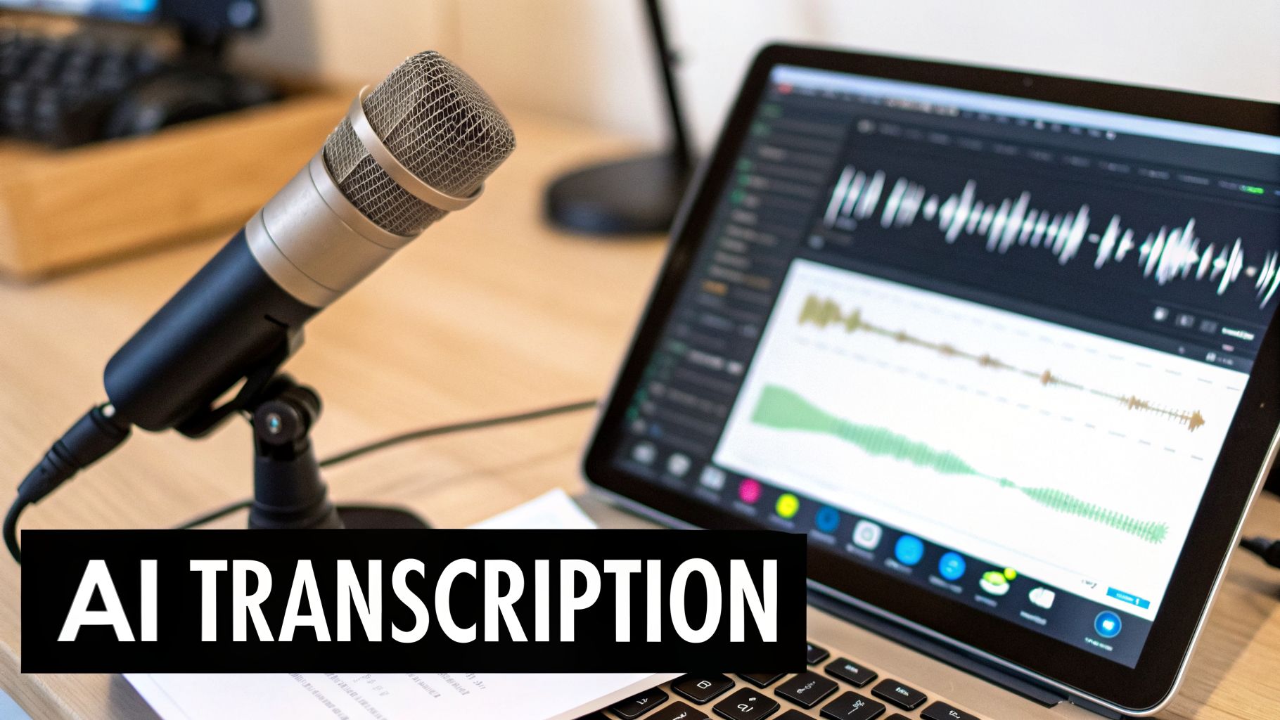 A studio microphone next to a laptop displaying audio editing software and AI transcription text.