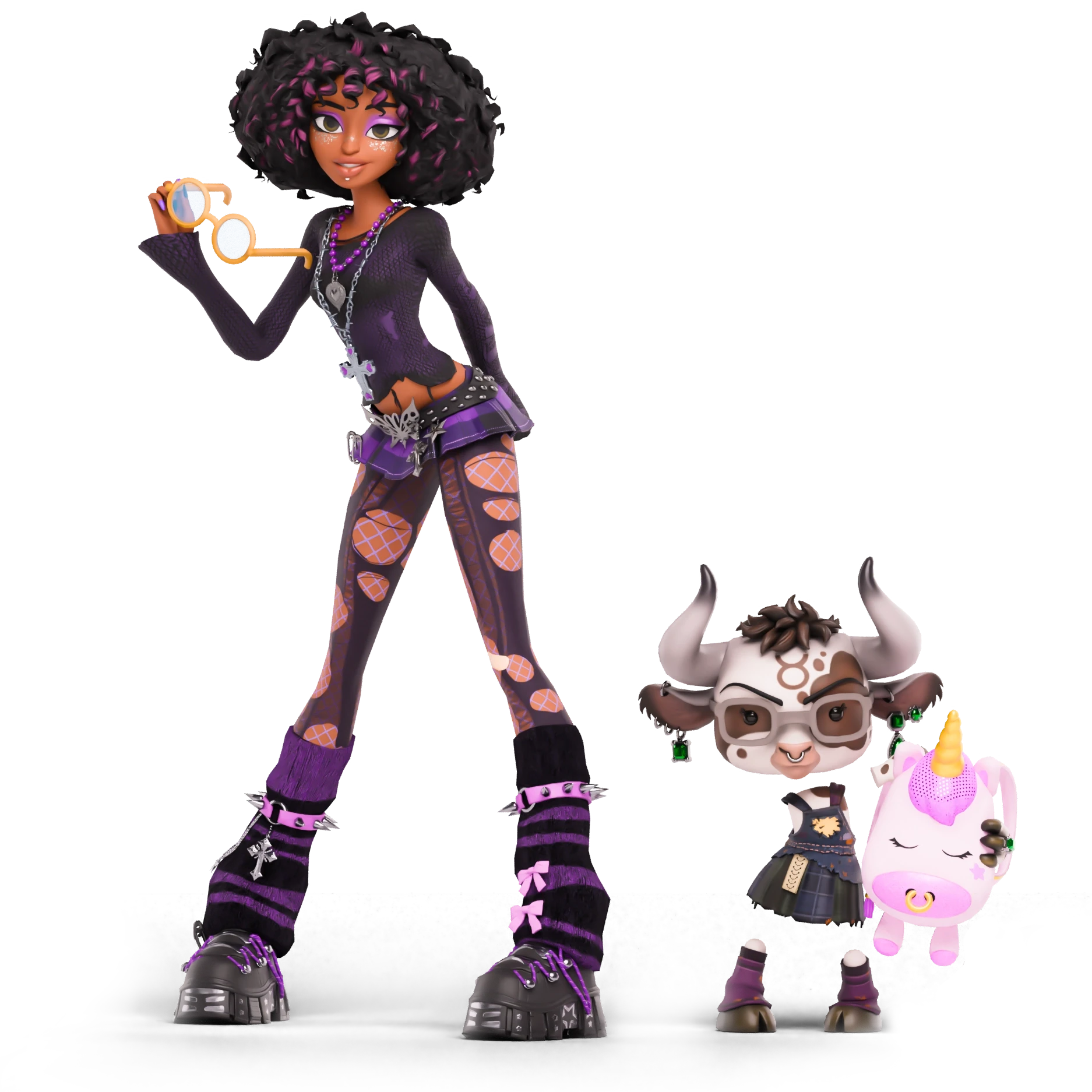 2 avatars standing beside eachother, a tall girl and small little bull
