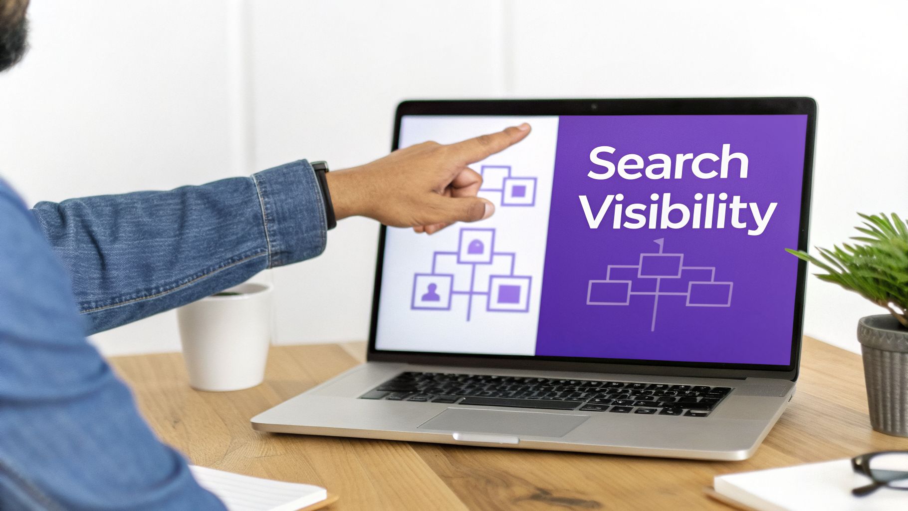 A person's hand points at a laptop screen displaying 'Search Visibility' and a website sitemap diagram.