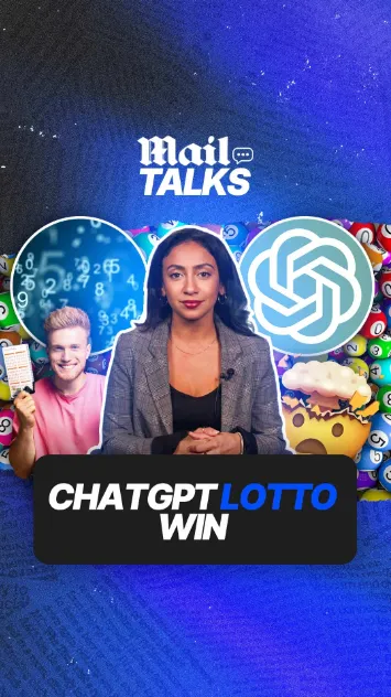 Mail Talks poster featuring a presenter with lottery numbers, ChatGPT logo and headline ‘ChatGPT Lotto Win’