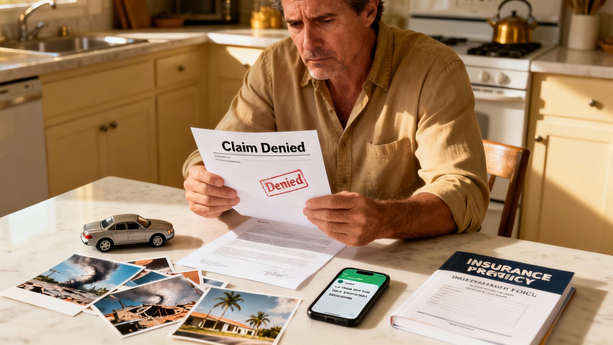 Distressed man holding a 'Claim Denied' letter, surrounded by car accident photos and an insurance policy book.