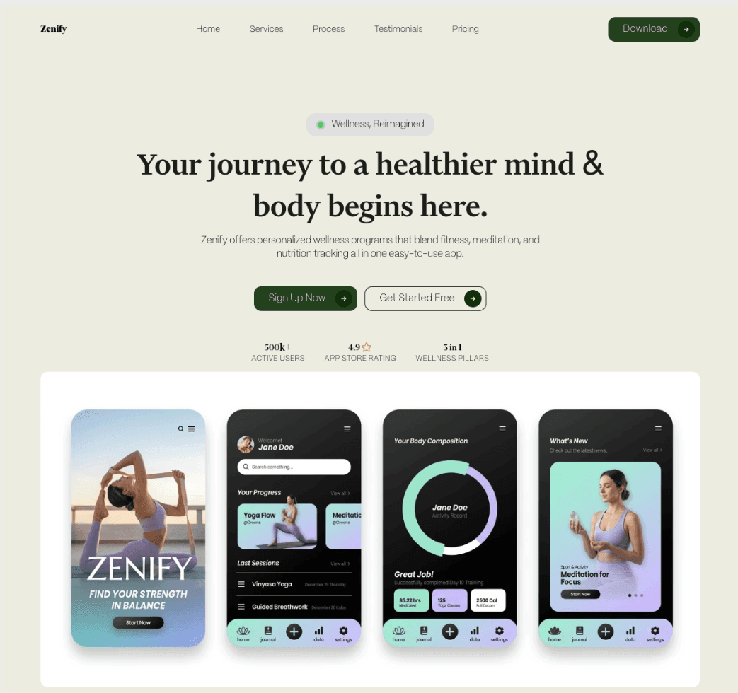 Wellness app website design showcasing fitness, meditation, and health tracking mobile UI screens