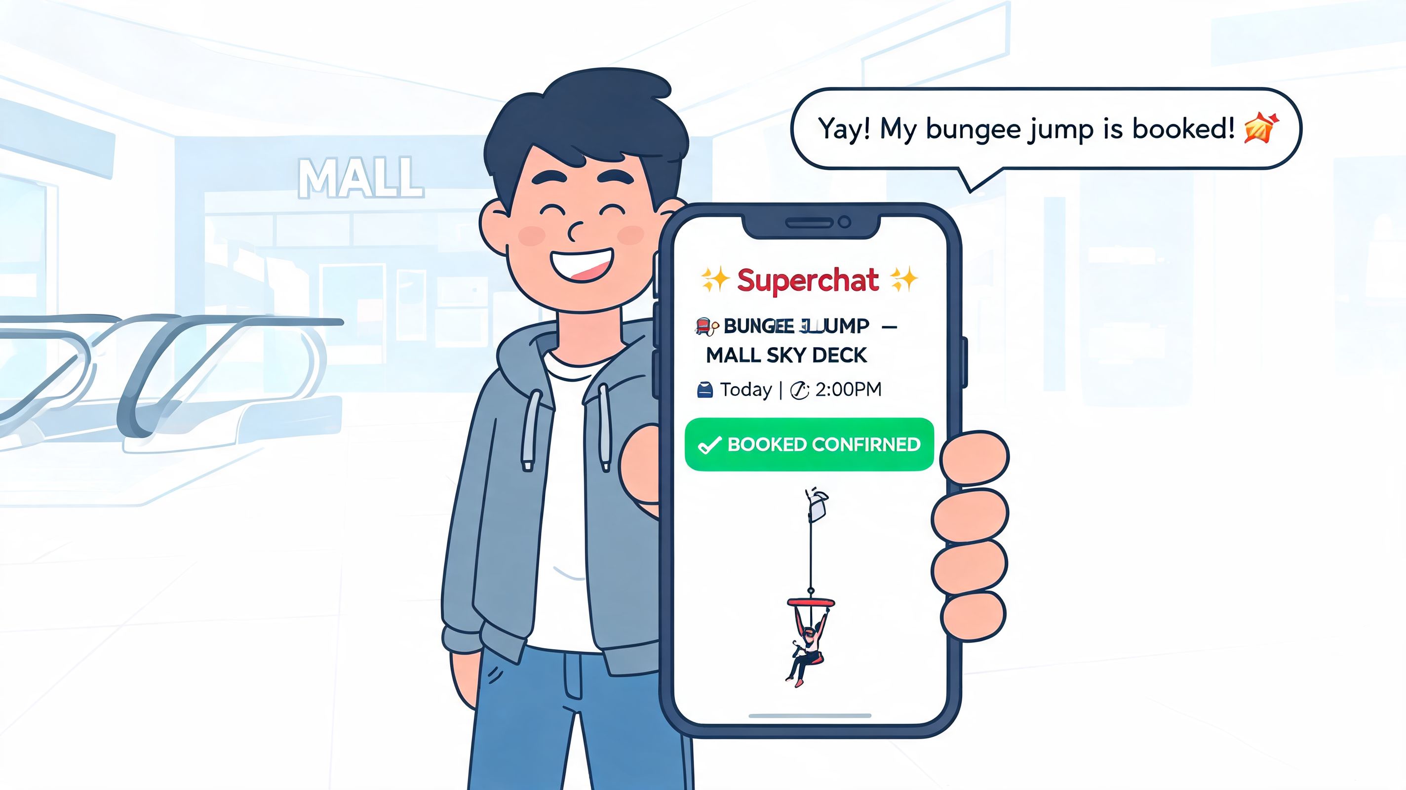 A young man happily showing his smartphone screen with a confirmed bungee jump booking at a mall.
