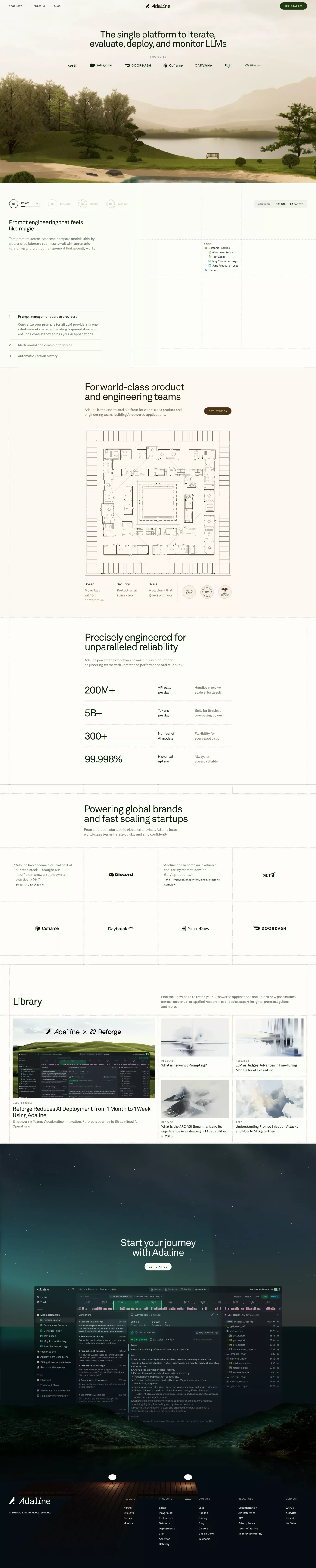 Adaline landing page screenshot showcasing Tech design