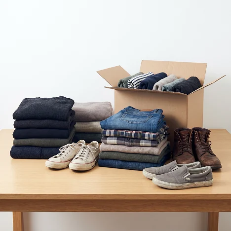 Fotografía de prendas de vestir dobladas, calzado variado, mantas y ropa de abrigo organizadas en cajas de cartón.