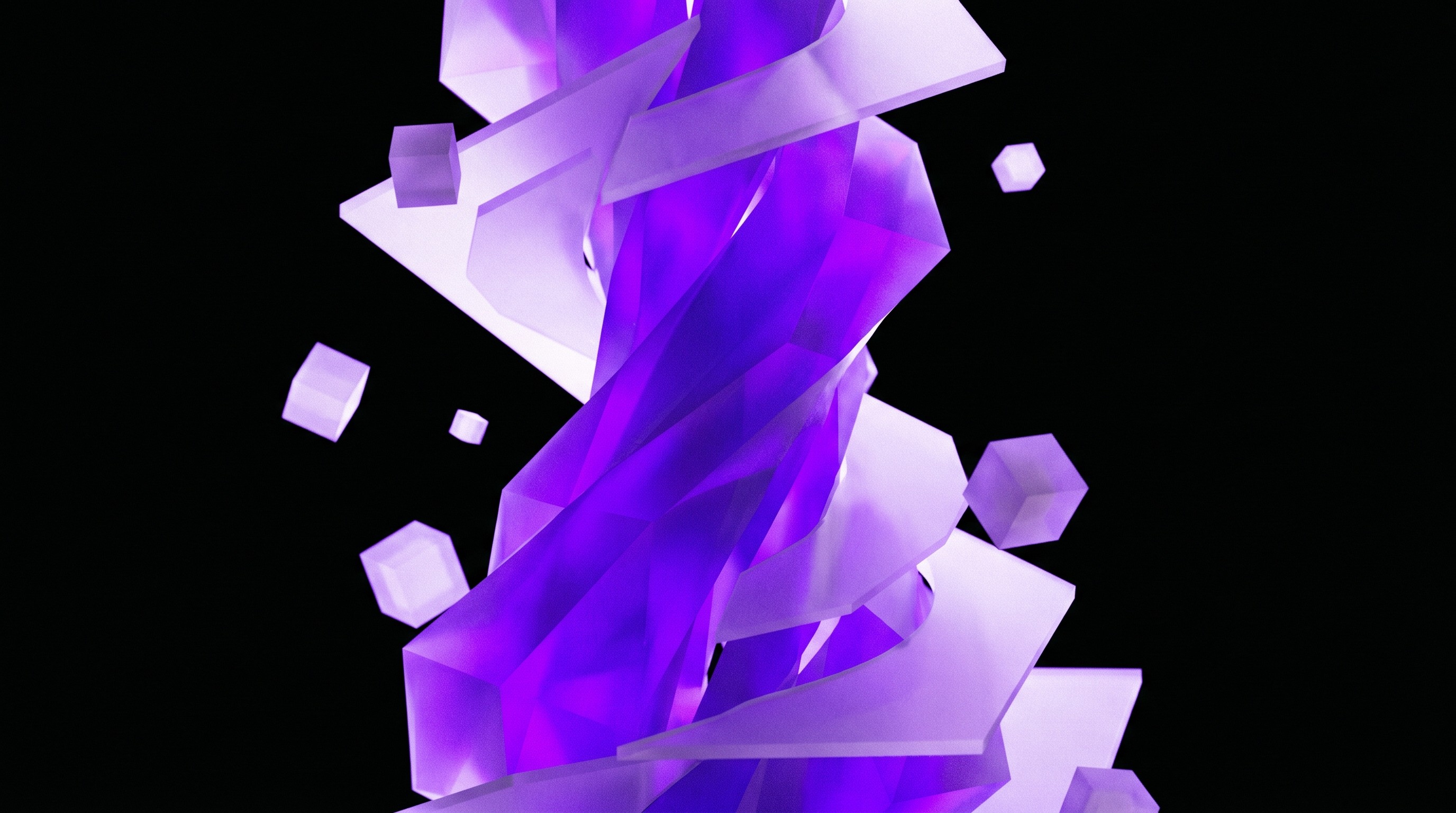 Abstract geometric shapes ascending in 3D space with purple glow accents on black background