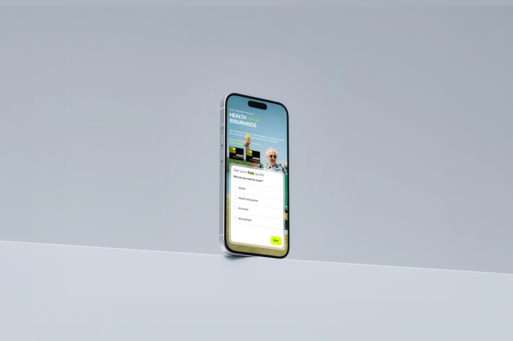 Mobile view of health insurance website showing streamlined quote journey