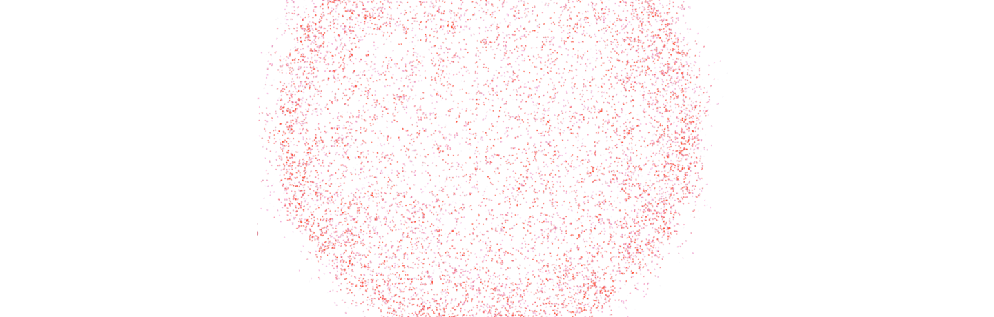 Reddish atoms forming a large sphere on a white canvas