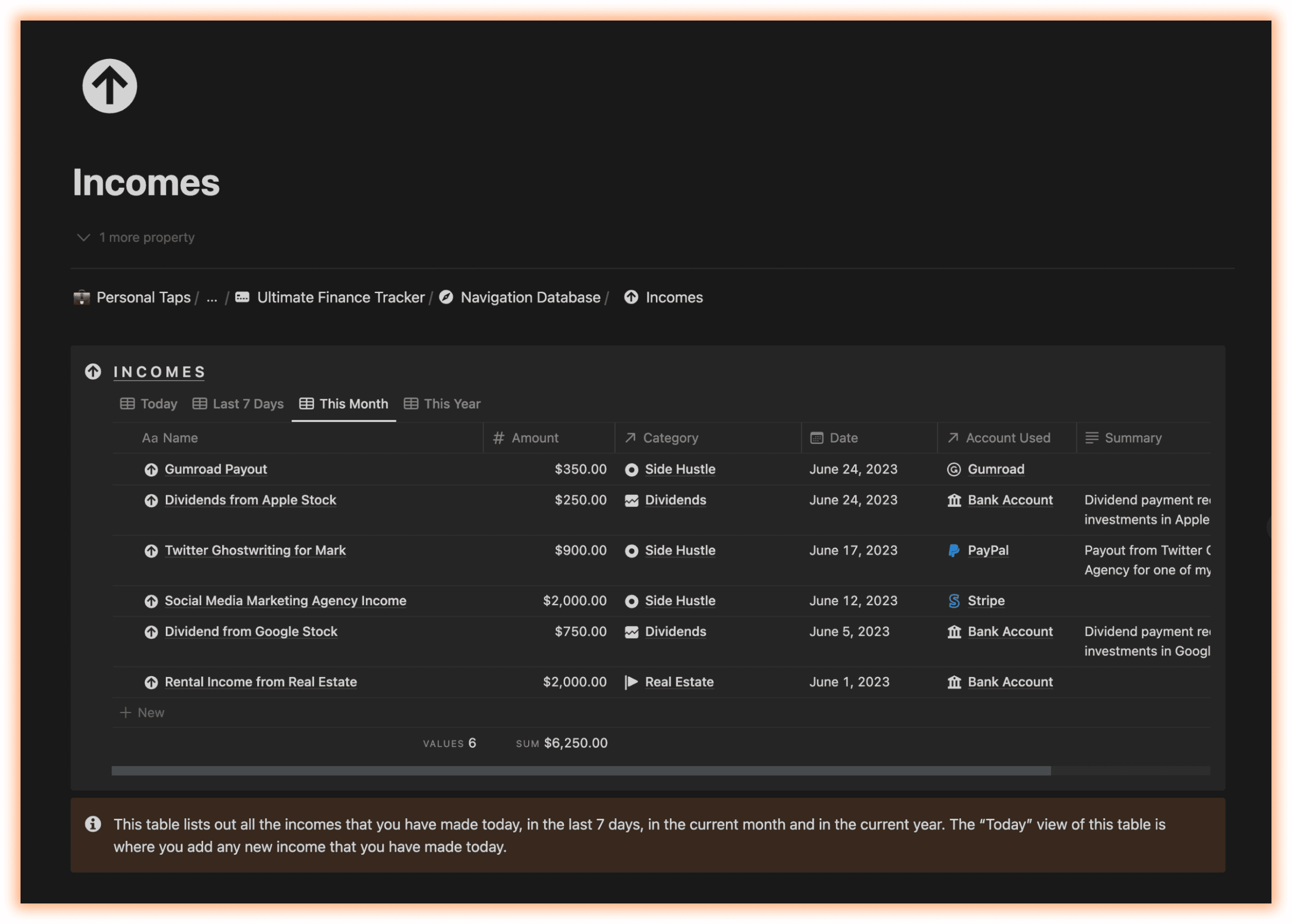 Track and Manage incomes using Notion