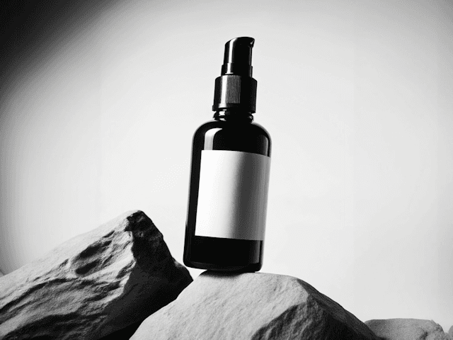 Amber glass skincare pump bottle with a blank white label balanced on textured grey rocks