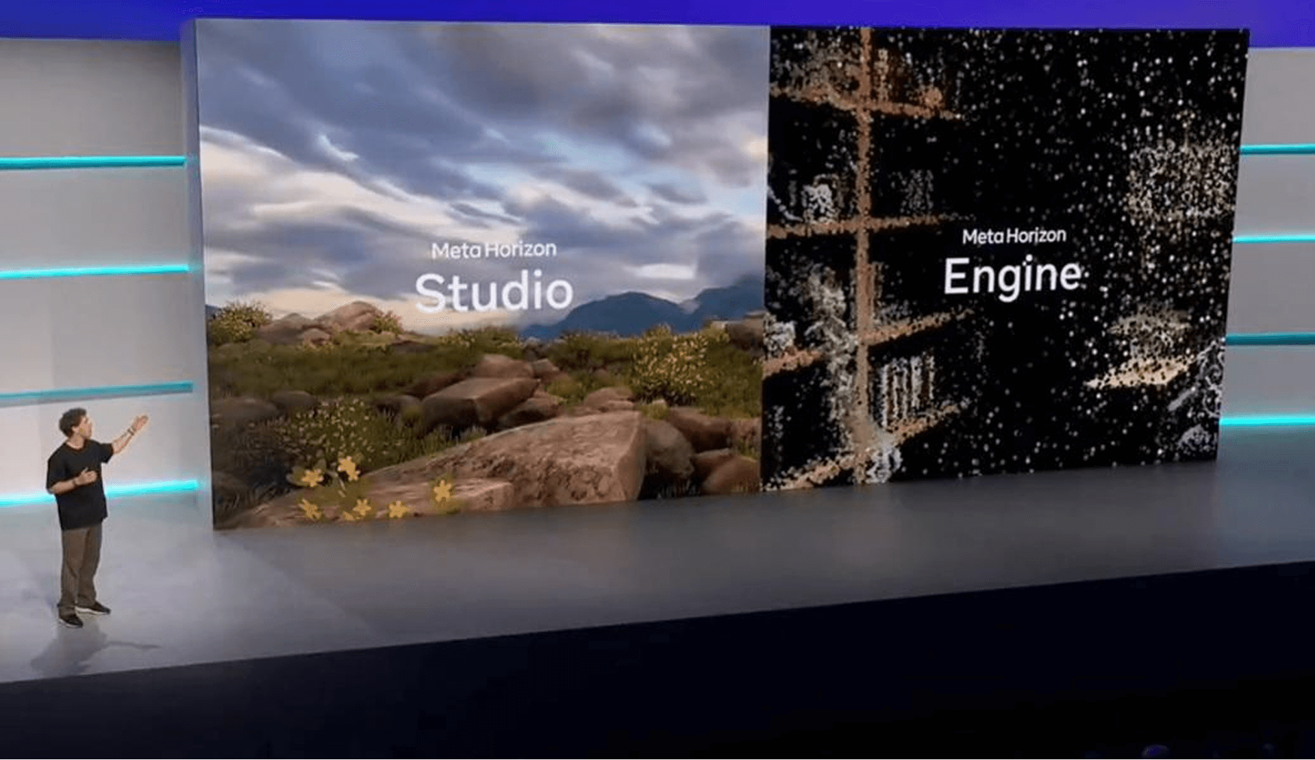 Mark Zuckerberg on stage unveiling Meta Horizon Studio.