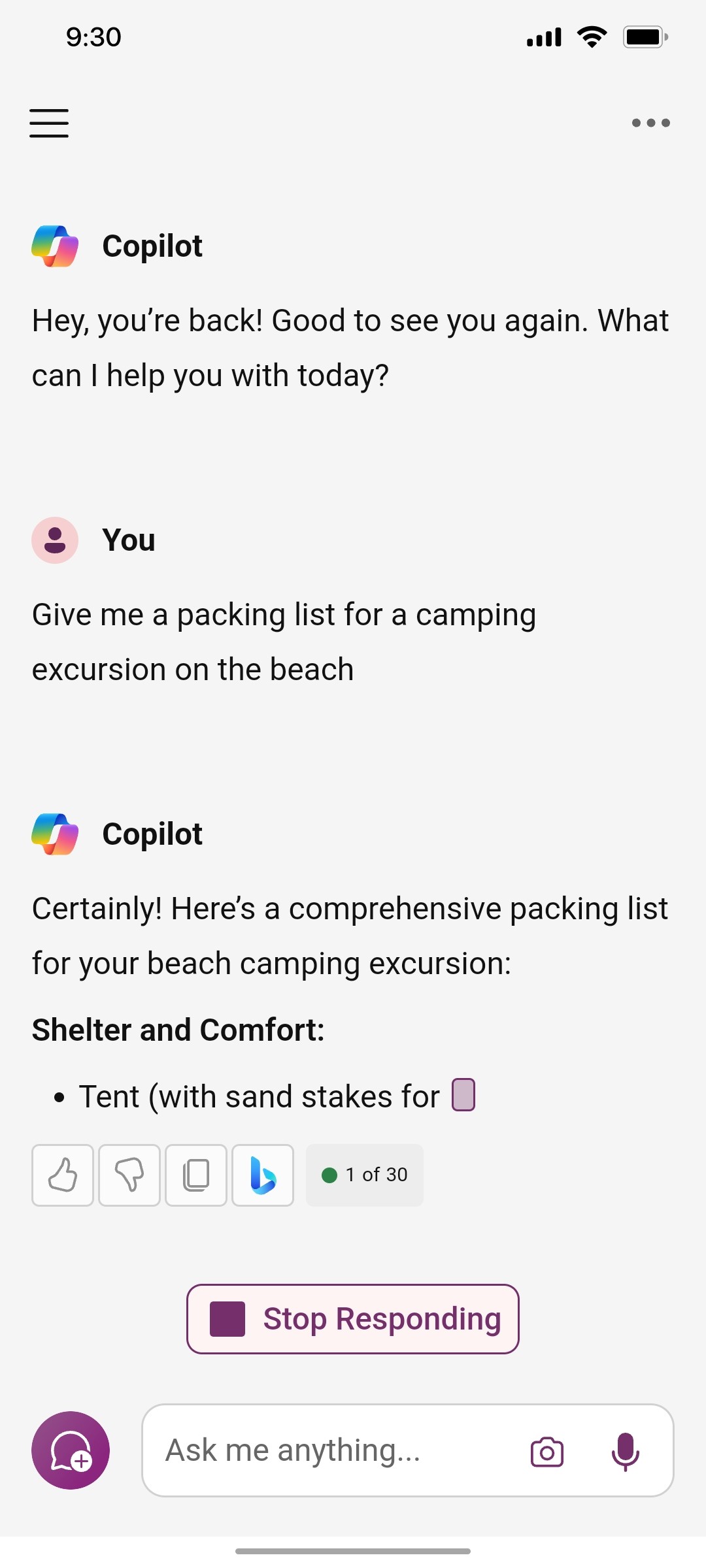 Microsoft Copilot typing 1 screen