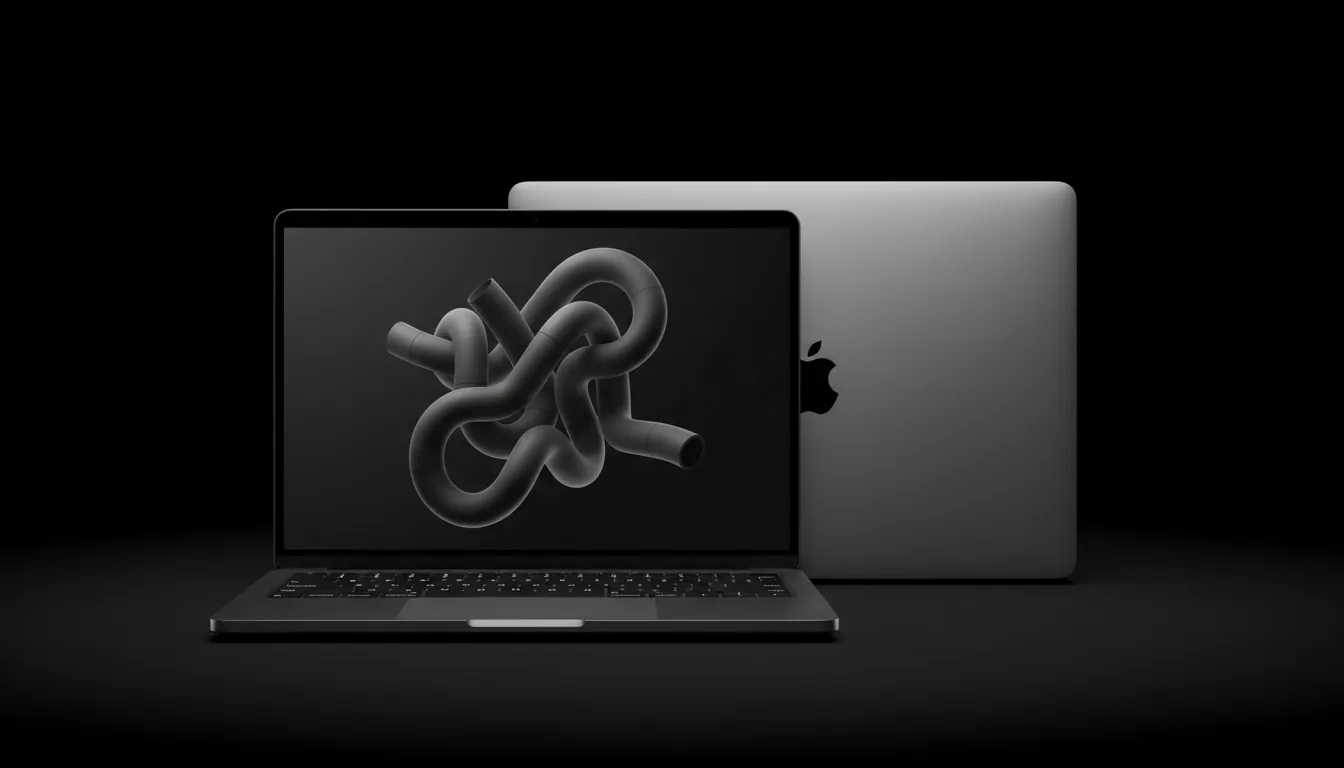 DSLR product photography of two Apple MacBook Pro laptops arranged on a solid black background. In the foreground, a space black MacBook Pro is open, its screen displaying a dark, abstract wallpaper of thick, curving, 3D tubular shapes with soft gray gradients. Partially behind it, the silver lid of a second MacBook Pro is visible, featuring its iconic centered black logo. The image has soft studio lighting, creating clean highlights on the matte metallic surfaces, with sharp focus and cinematic contrast.