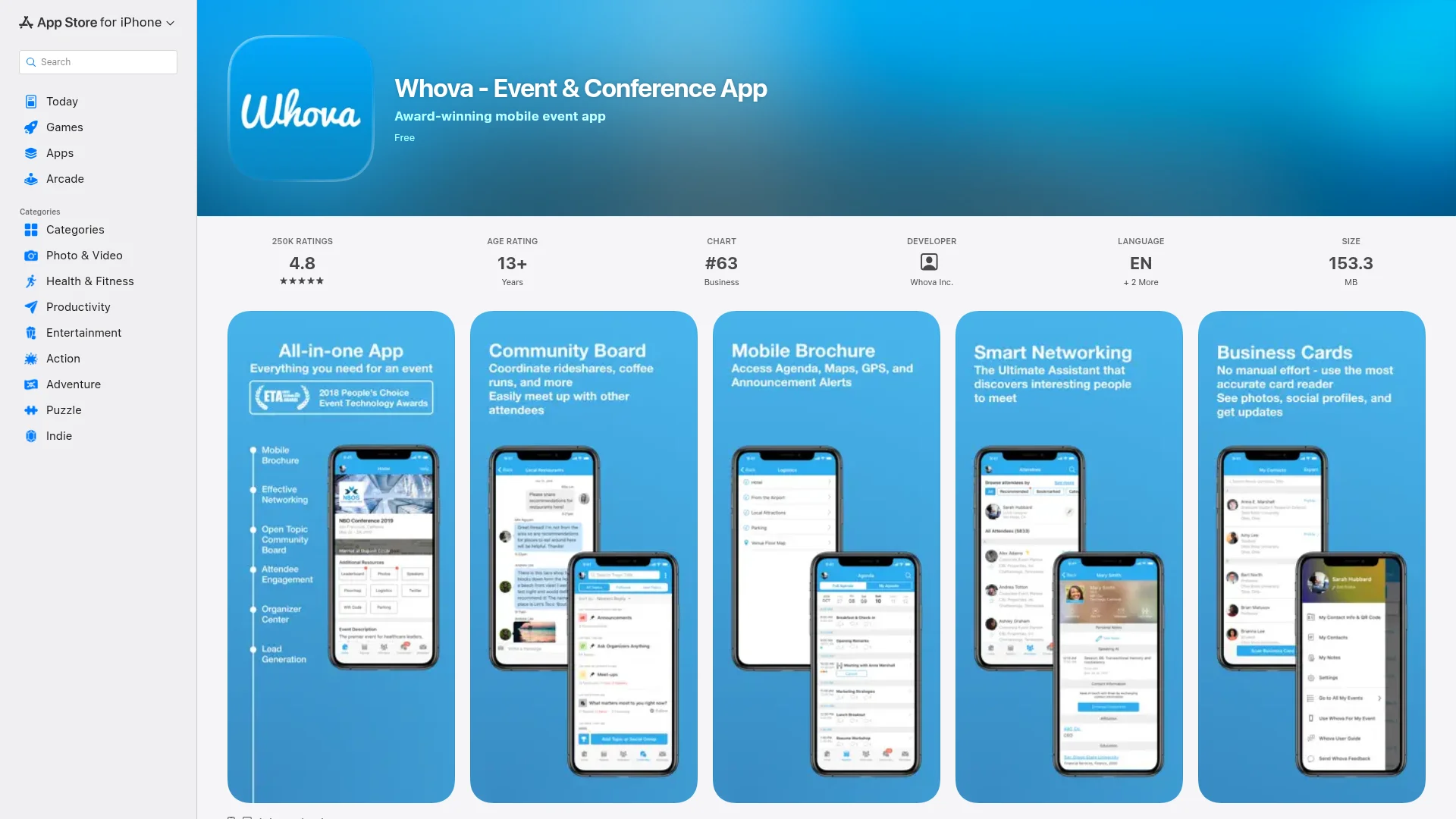 Whova event and conference app on the App Store, a shared app where each organizer's event lives inside Whova