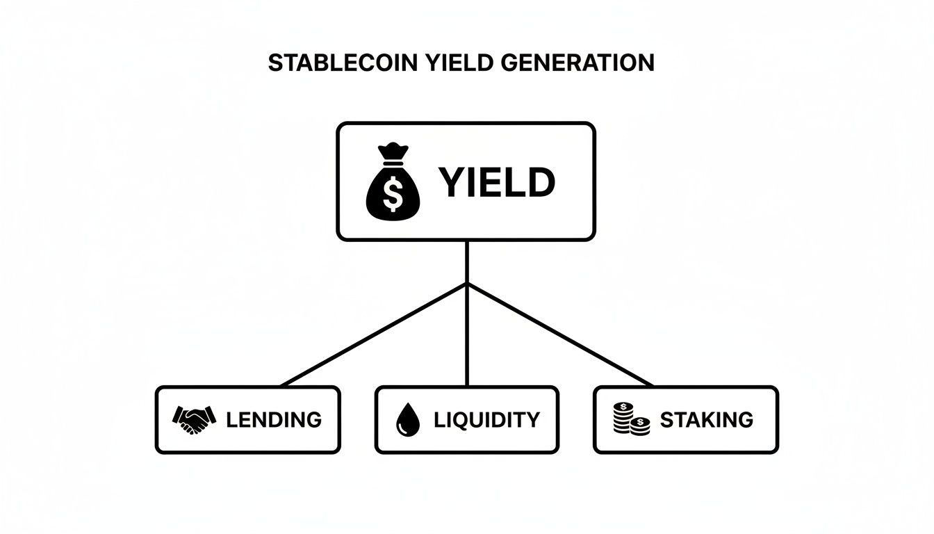 Diagram illustrating stablecoin yield generation methods: lending, liquidity provision, and staking.