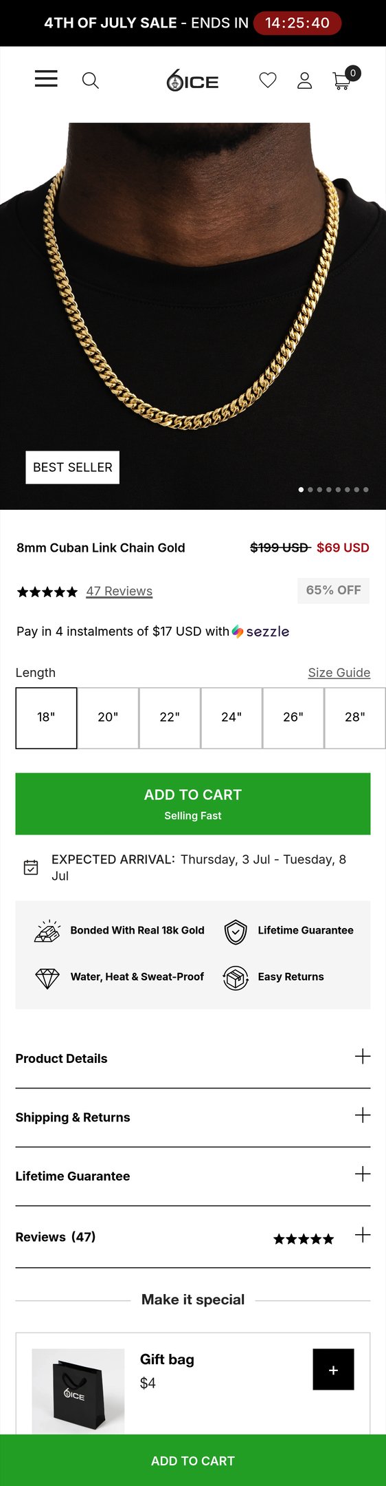 Jewelry product options include: chain for 8mm Cuban Link Chain Gold from 6 ICE.