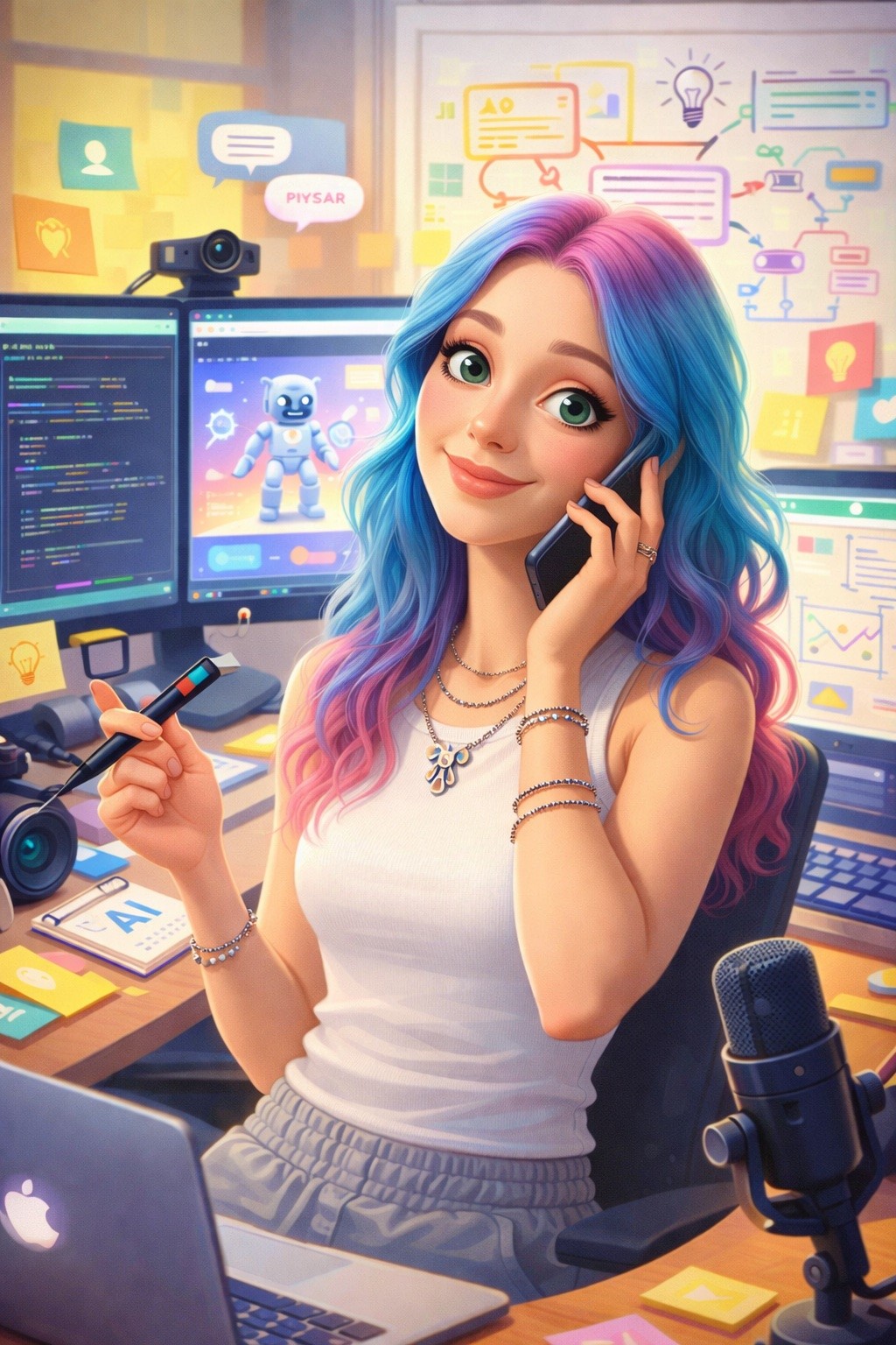 Lucy's Pixar-style 'me and my job' caricature - surrounded by monitors, AI workflows, and a stylus in hand