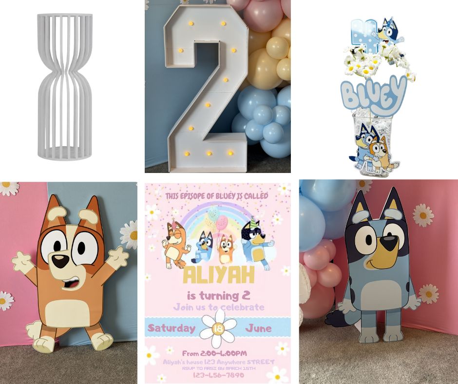 Baby shower balloon arch with a cake stand. The balloons are in 7 inch and 5 inch sizing and colors green, gold and white.