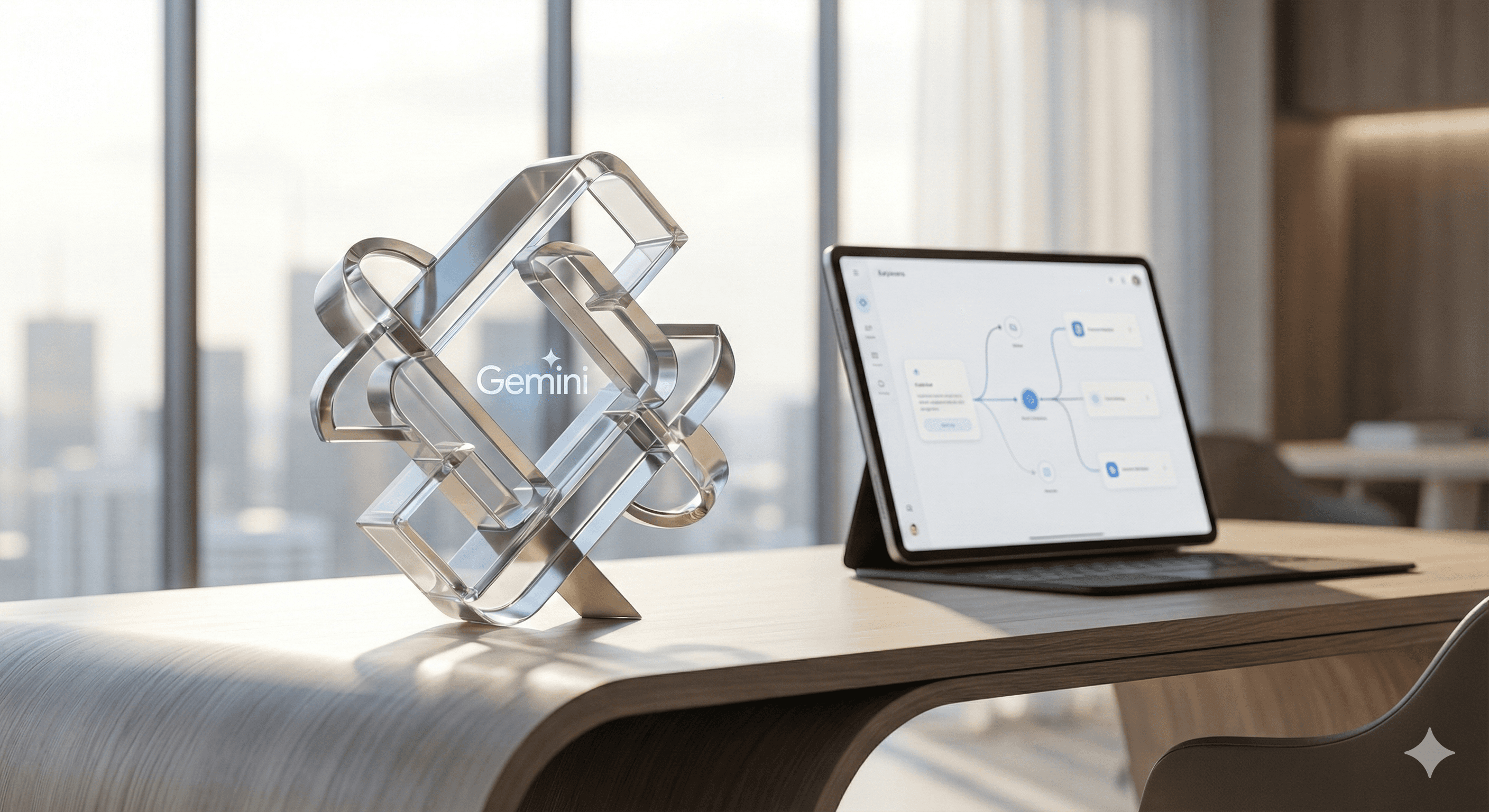 A modern office setting features a sleek wooden desk with a tablet displaying a flowchart, accompanied by a futuristic, geometric sculpture titled "Gemini," against a backdrop of large windows overlooking a cityscape, highlighting Gemini Updates.