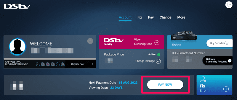 Dstv account page highlighting Pay Now button