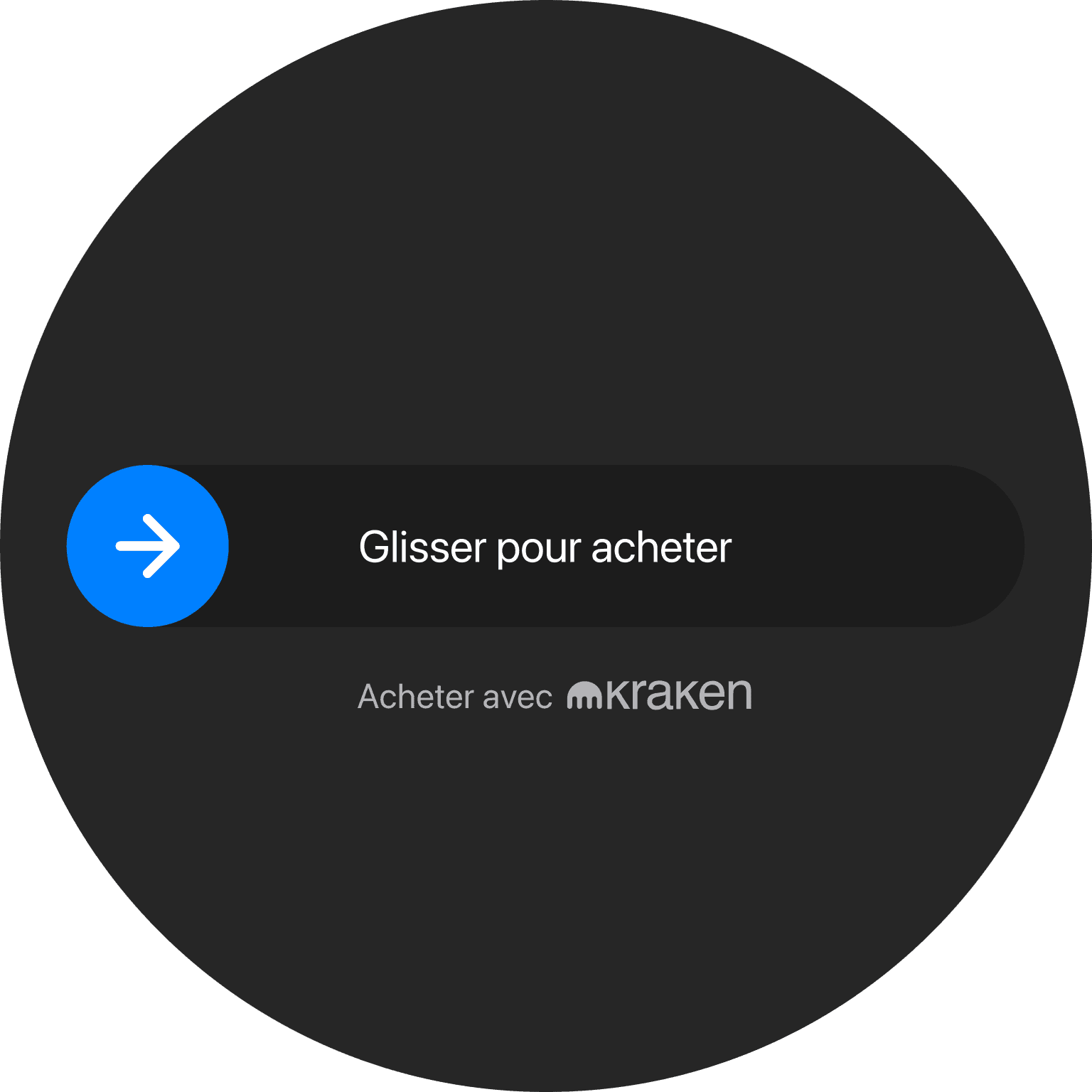 Interface circulaire noire avec un bouton bleu marqué "Démarrer" et un champ de texte en dessous indiquant "En cours..."