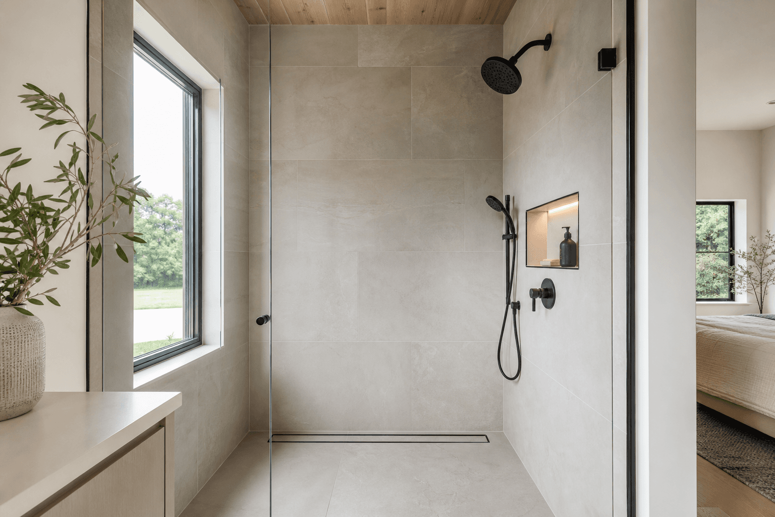 Custom tile shower installation with Schluter waterproofing system in a newly constructed North Carolina home