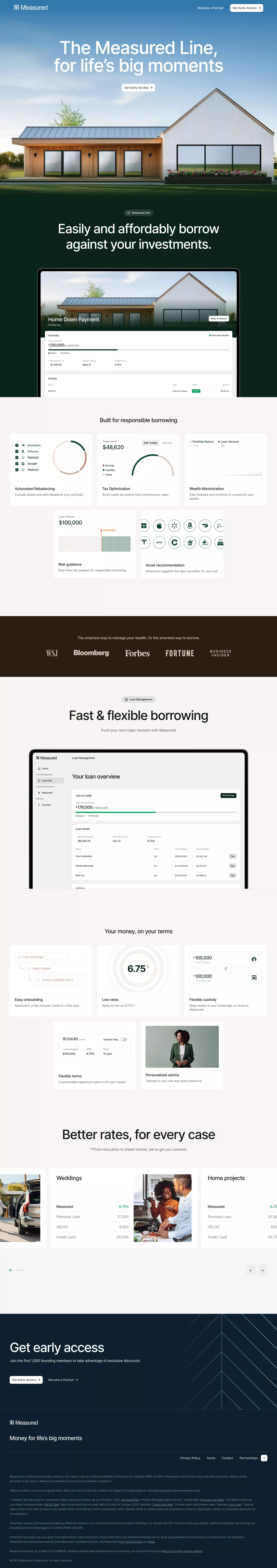 Measured Financial landing page screenshot showcasing Tech and Finance design