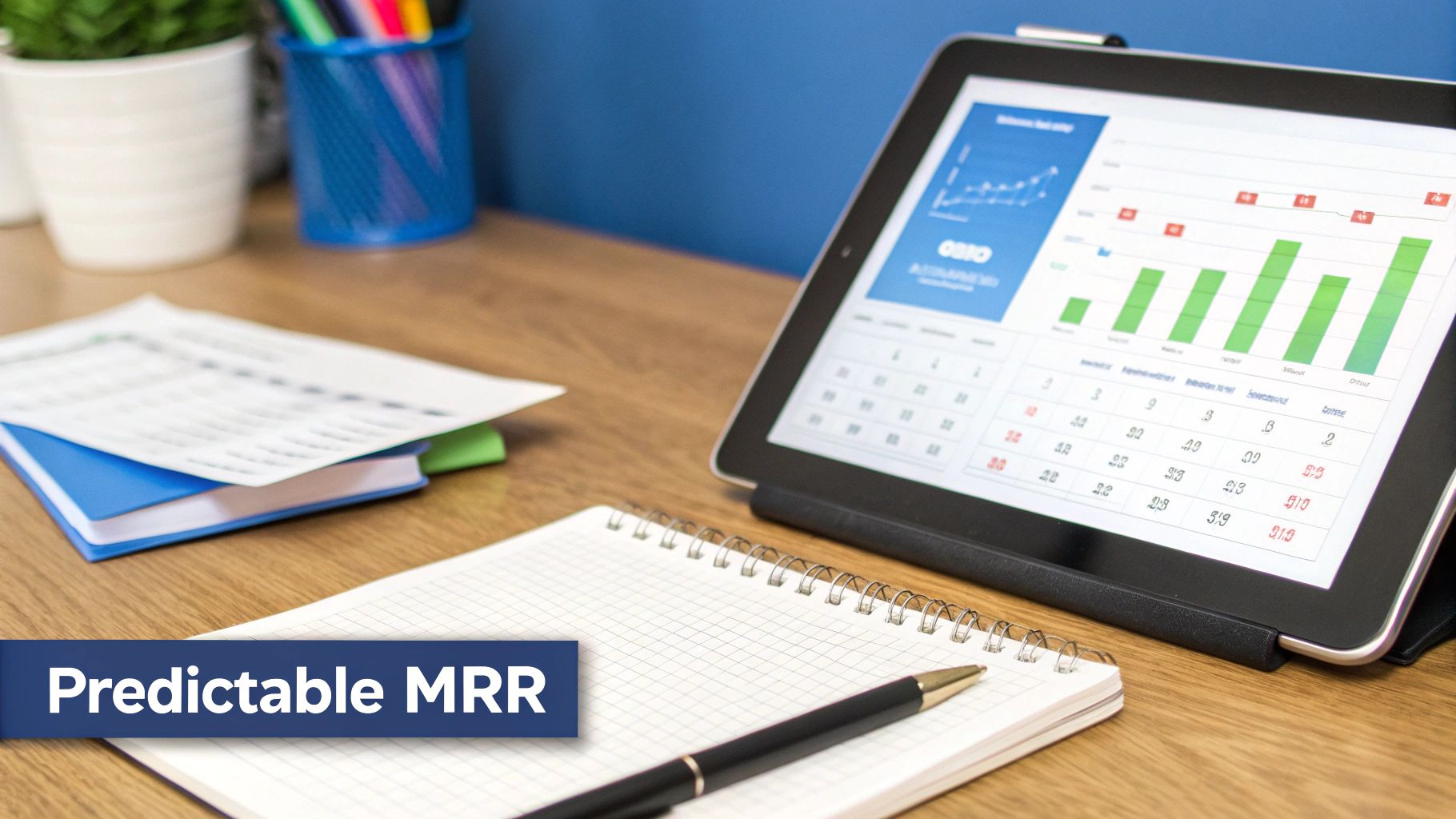 A desk with a tablet displaying business metrics, a notebook, and a pen, featuring 'Predictable MRR'.