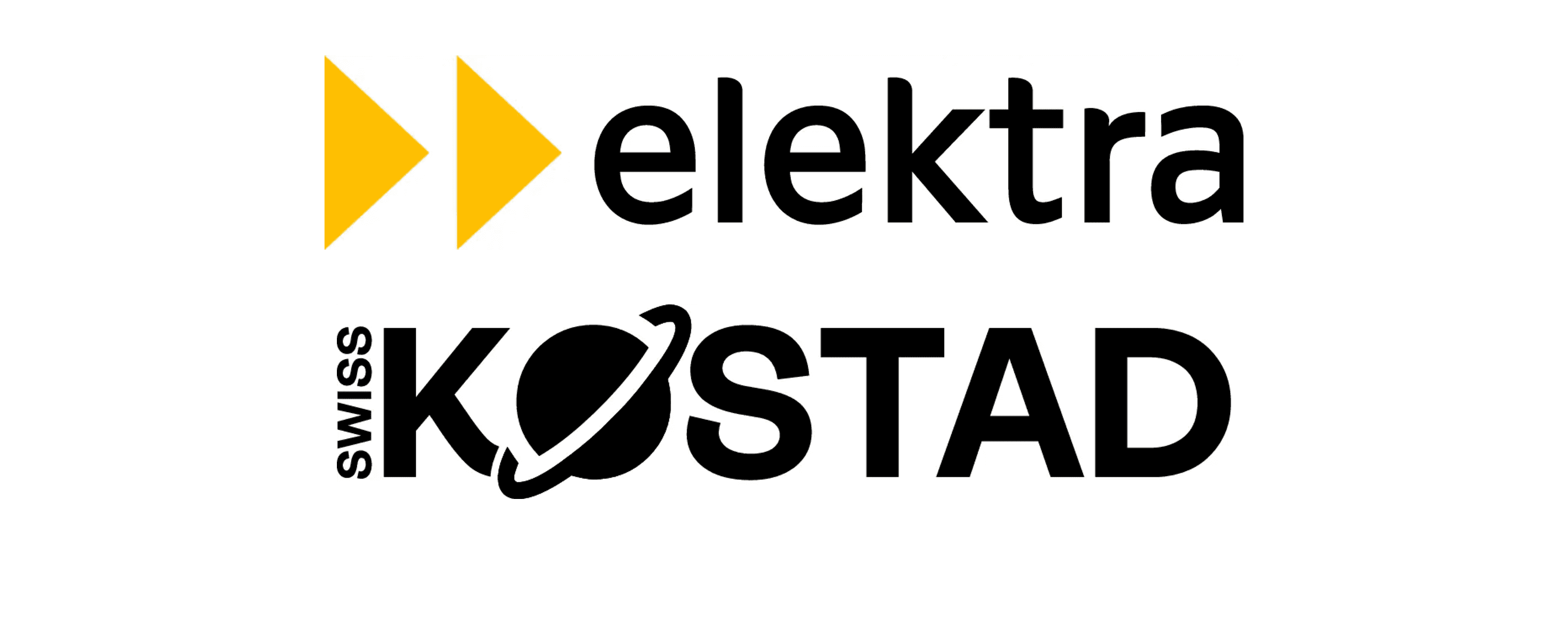 Les logos d'Elektra et de Swiss Kostad avec un message de bienvenue, représentant des entreprises impliquées dans l'avancement de la mobilité électrique et des solutions d'infrastructure de recharge en Suisse.