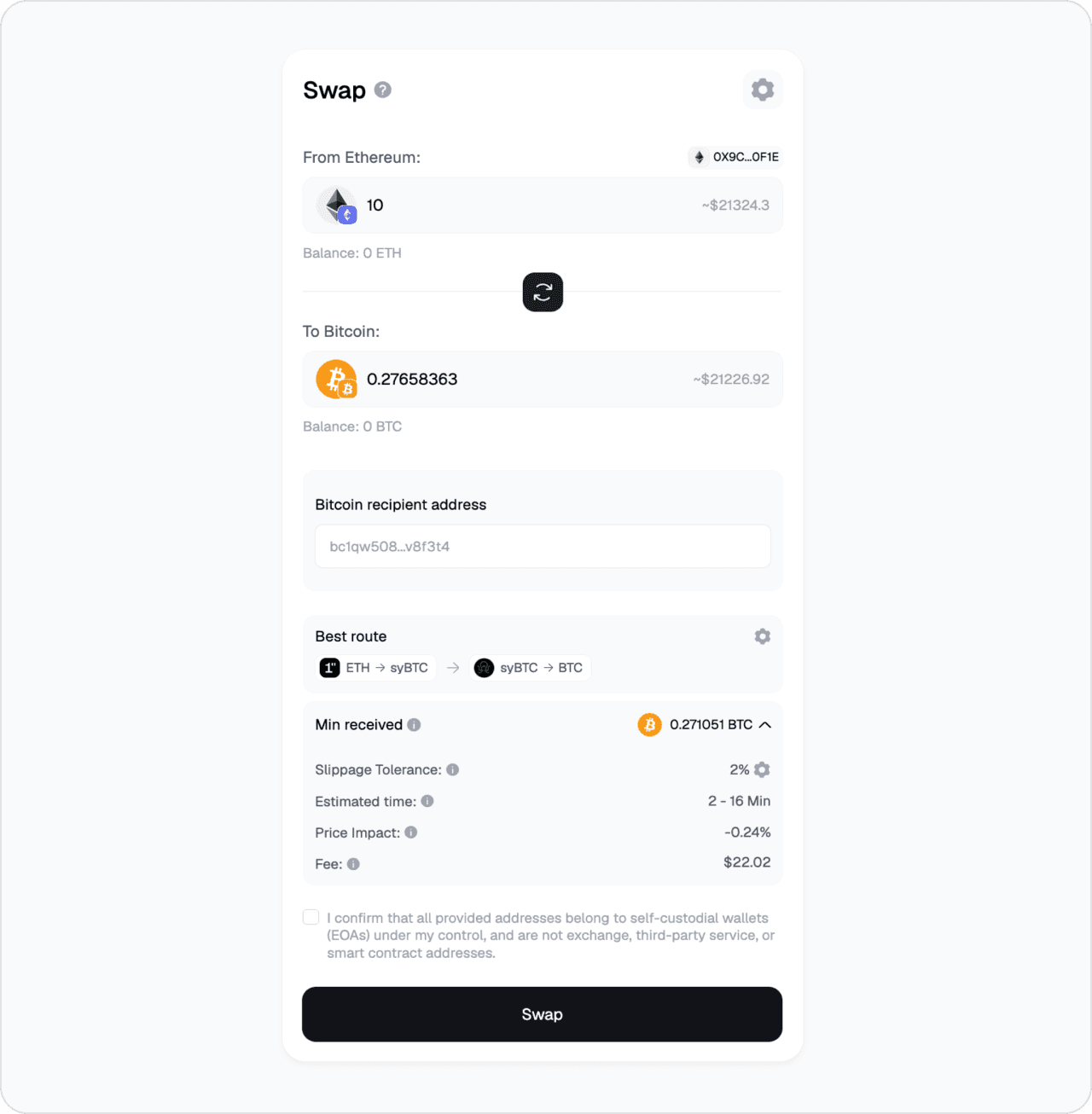 Live Symbiosis app screen — ETH to native BTC on Bitcoin bridge route, Bitcoin recipient address field shown.