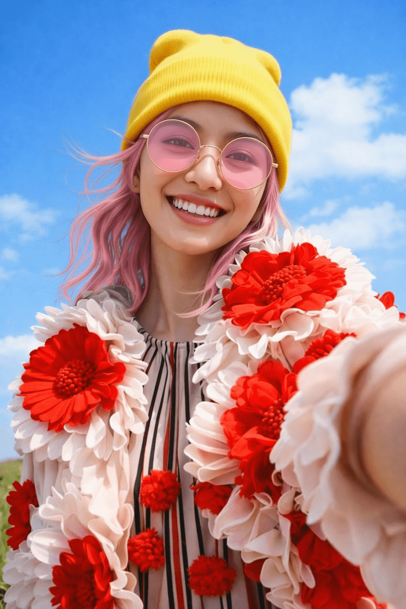 female similing while looking up at the clouds