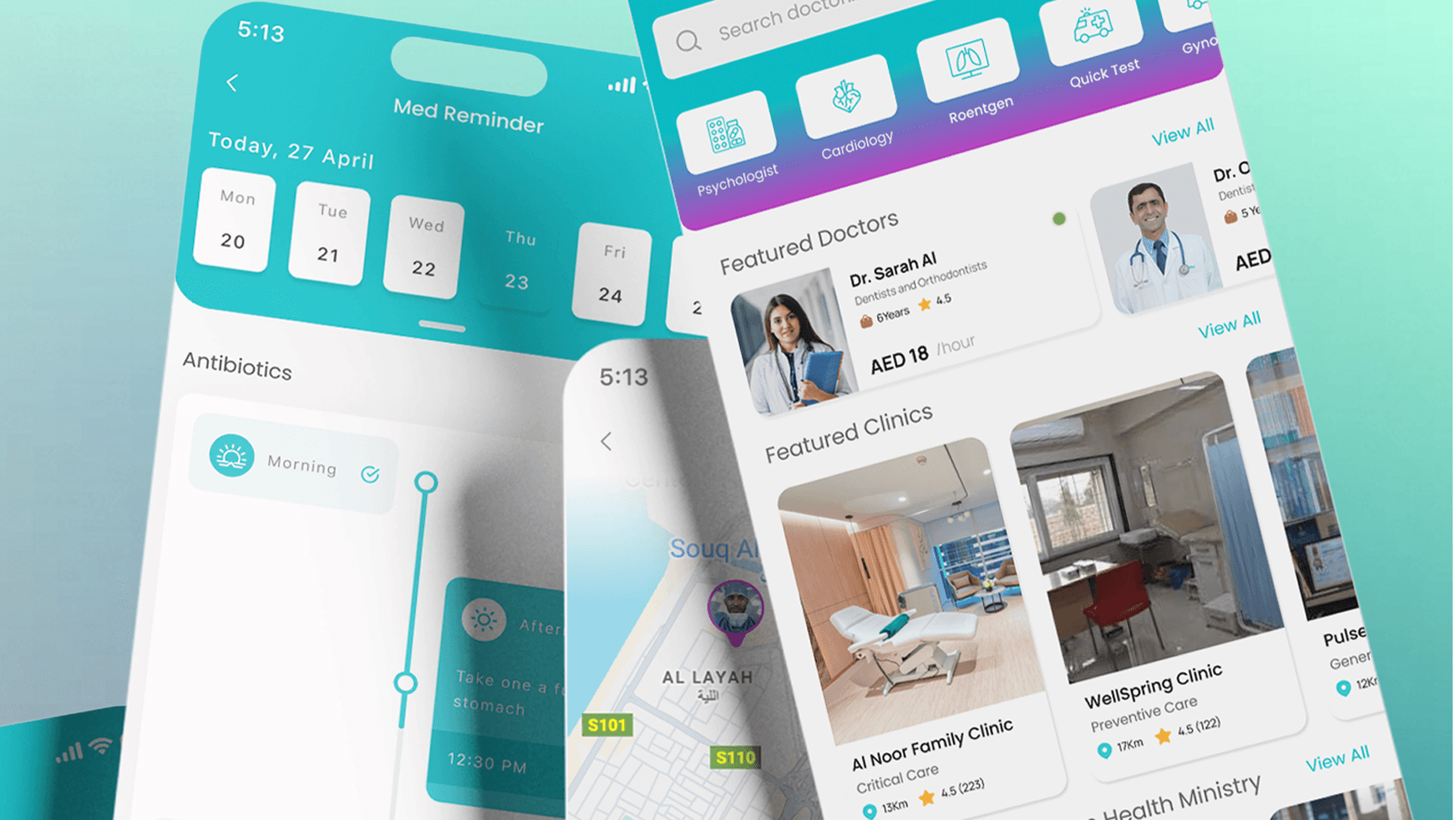 Three feature cards for a cryptocurrency wallet interface displayed against a light green background. The left card shows 'Swap Tokens' with SOL and ETH token selectors, the middle card displays 'Collect NFTs' with colorful NFT artwork examples, and the right card presents 'Private & Secure' with a fingerprint icon and wallet security messaging.