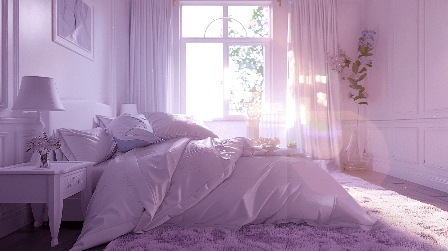 A serene bedroom with purple tones, a minimalist bed, wooden nightstands, and soft natural lighting.
