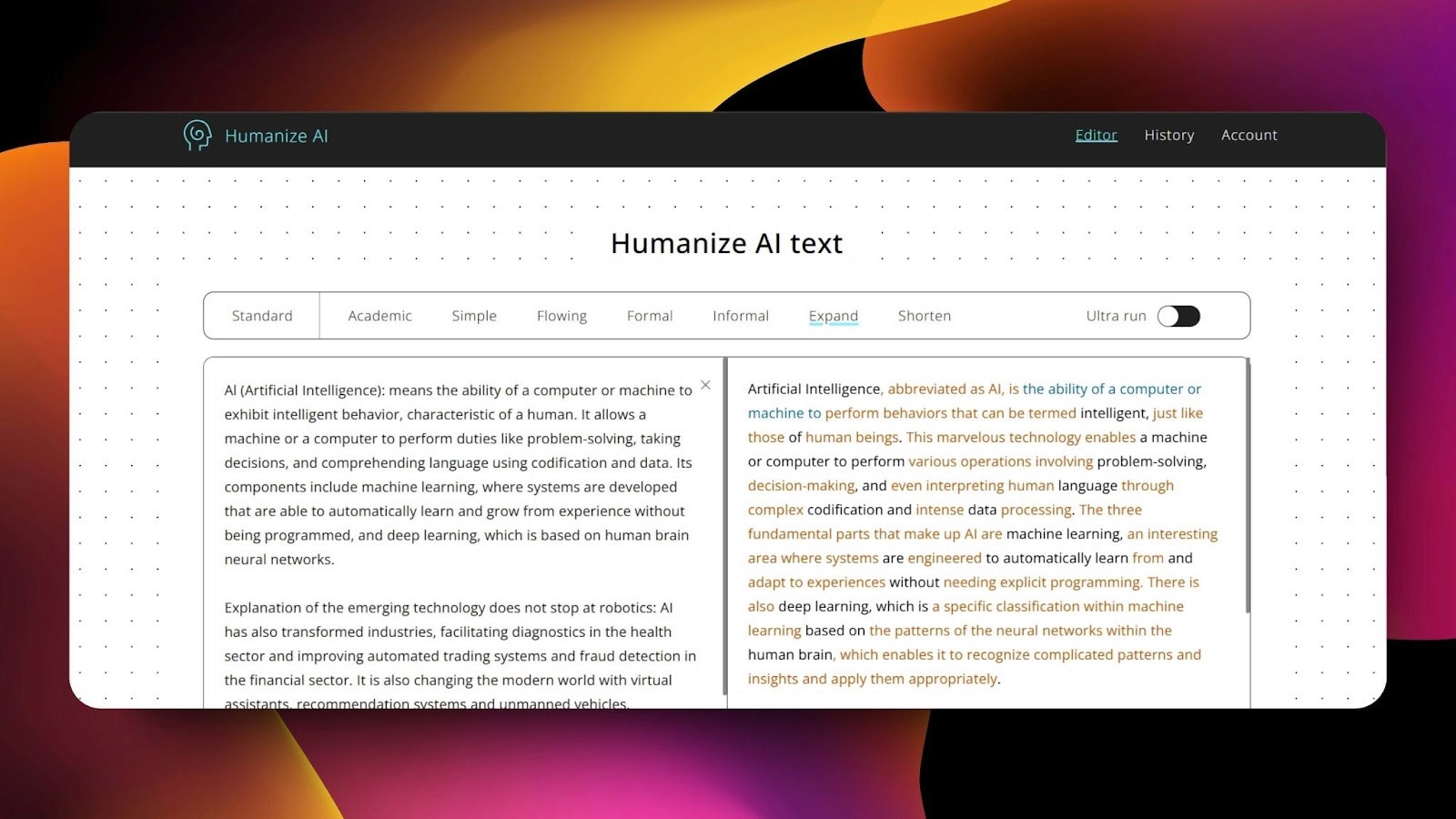 Screenshot of Humanize AI interface showing input and expanded rewritten text, with options for tone adjustments like standard, academic, simple, and ultra-run toggle.